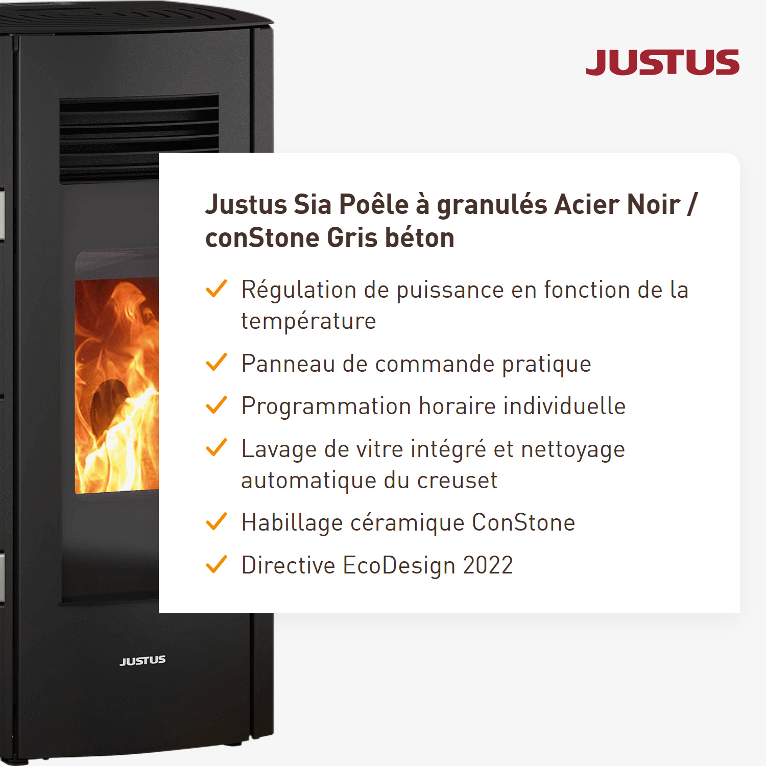 Justus Sia poêle à granulés acier noir / conStone béton gris