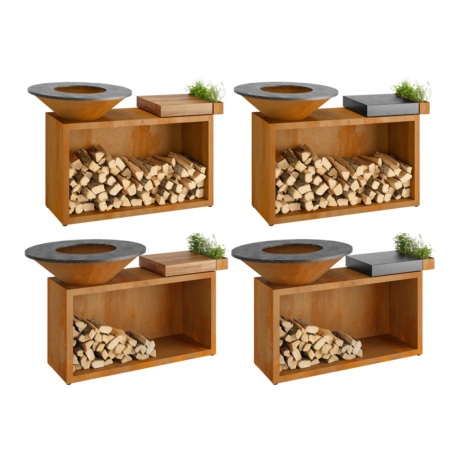 OFYR Island Corten 100 Grill & Feuerstelle mit Arbeitsplatte Teakholz