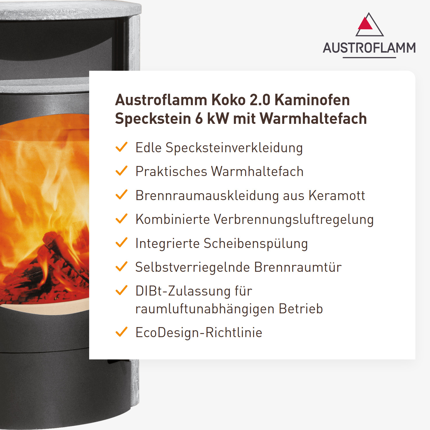 Austroflamm Koko 2.0 Kaminofen Speckstein, Warmhaltefach Speckstein, Topplatte Speckstein, RRA hinten + kostenfreie Installation
