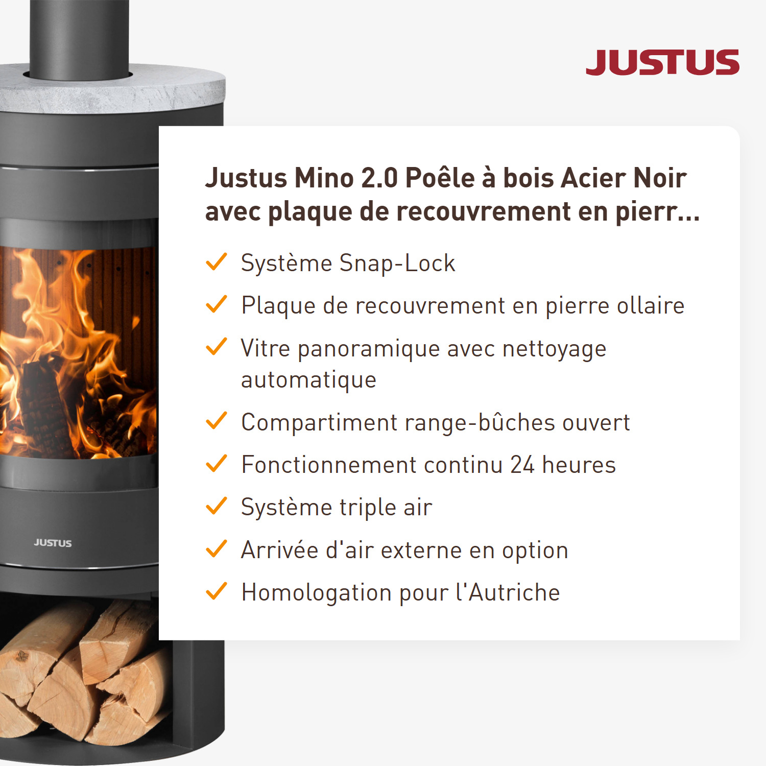 Justus Mino 2.0 Poêle à bois en acier noir avec plaque de recouvrement en stéatite.