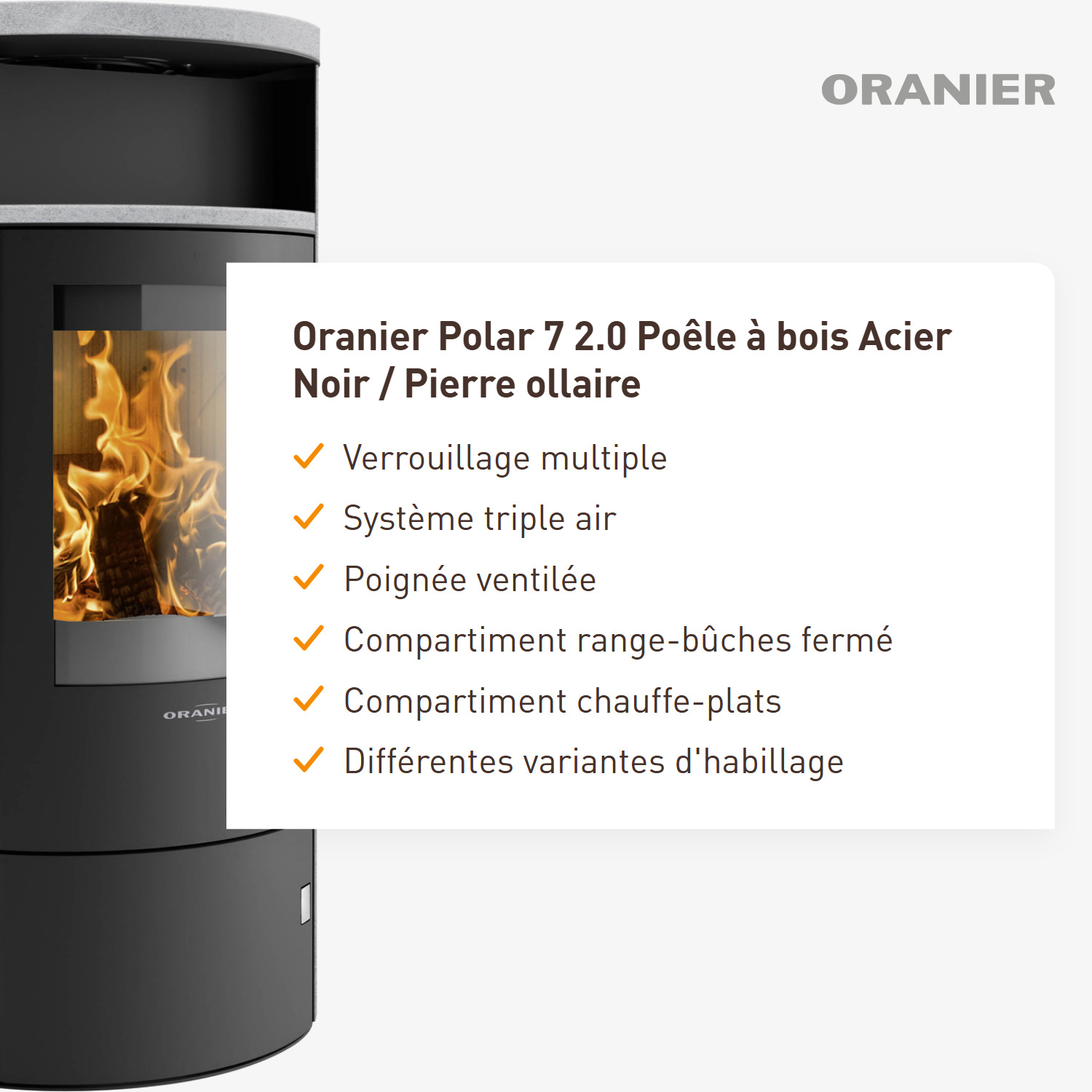 Oranier Polar 7 2.0 Poêle à bois Acier Noir / Pierre ollaire
