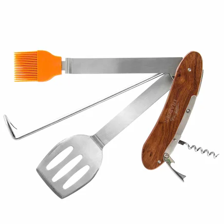 Multifunktionales Grillwerkzeug mit Holzgriff und verschiedenen Utensilien