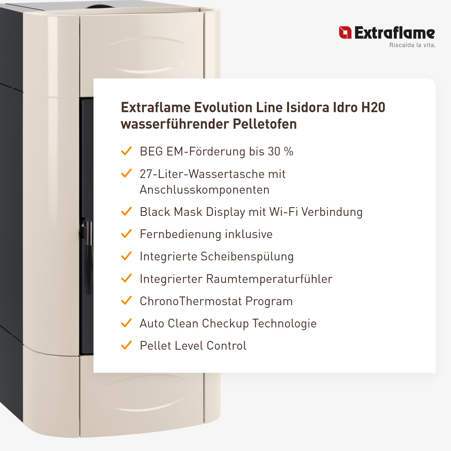 Extraflame Evolution Line Isidora Idro H20 wasserführender Pelletofen Elfenbein