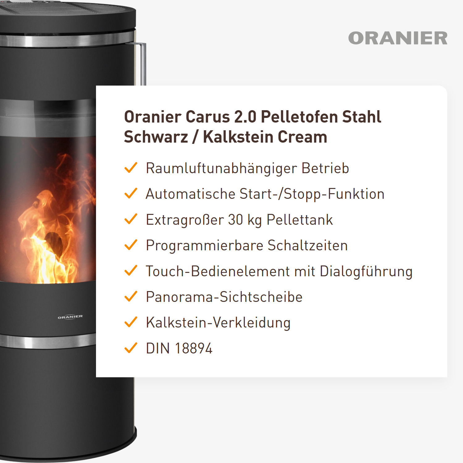 Oranier Carus 2.0 Pelletofen Stahl Schwarz / Kalkstein Cream