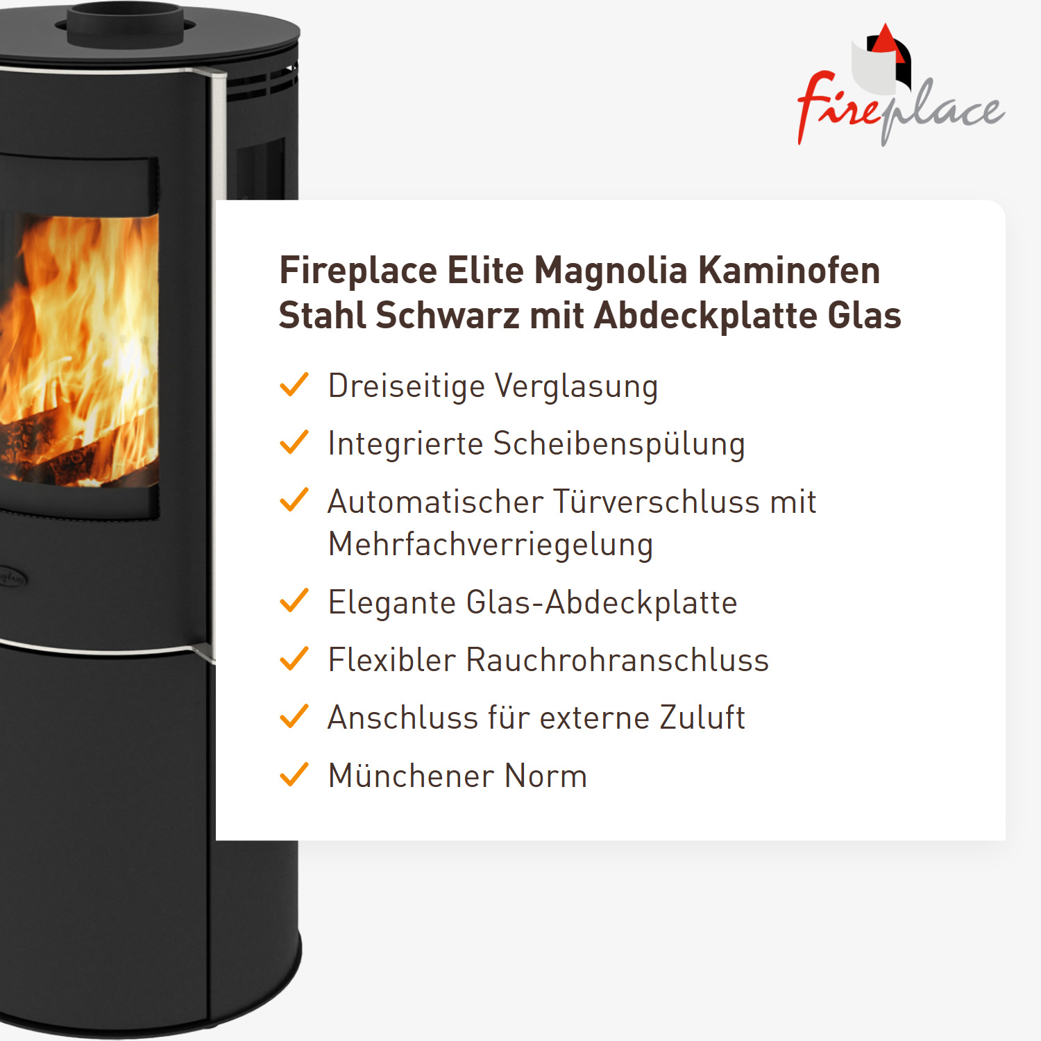 Fireplace Elite Magnolia Kaminofen Stahl Schwarz mit Abdeckplatte Glas