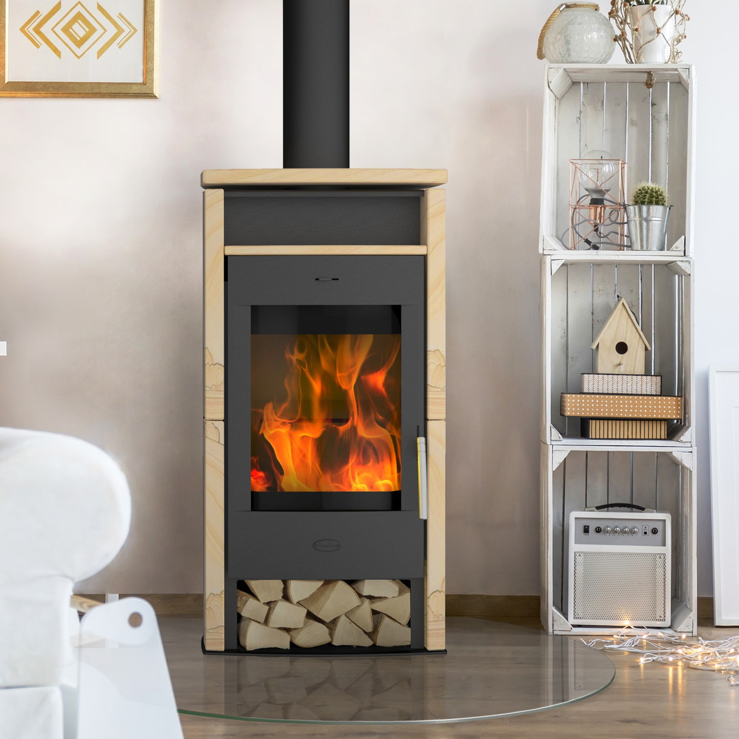 Fireplace Santiago Kaminofen Stahl Schwarz | Sandstein
