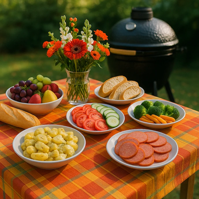 Buffet im Garten mit Keramikgrill im Hintergrund