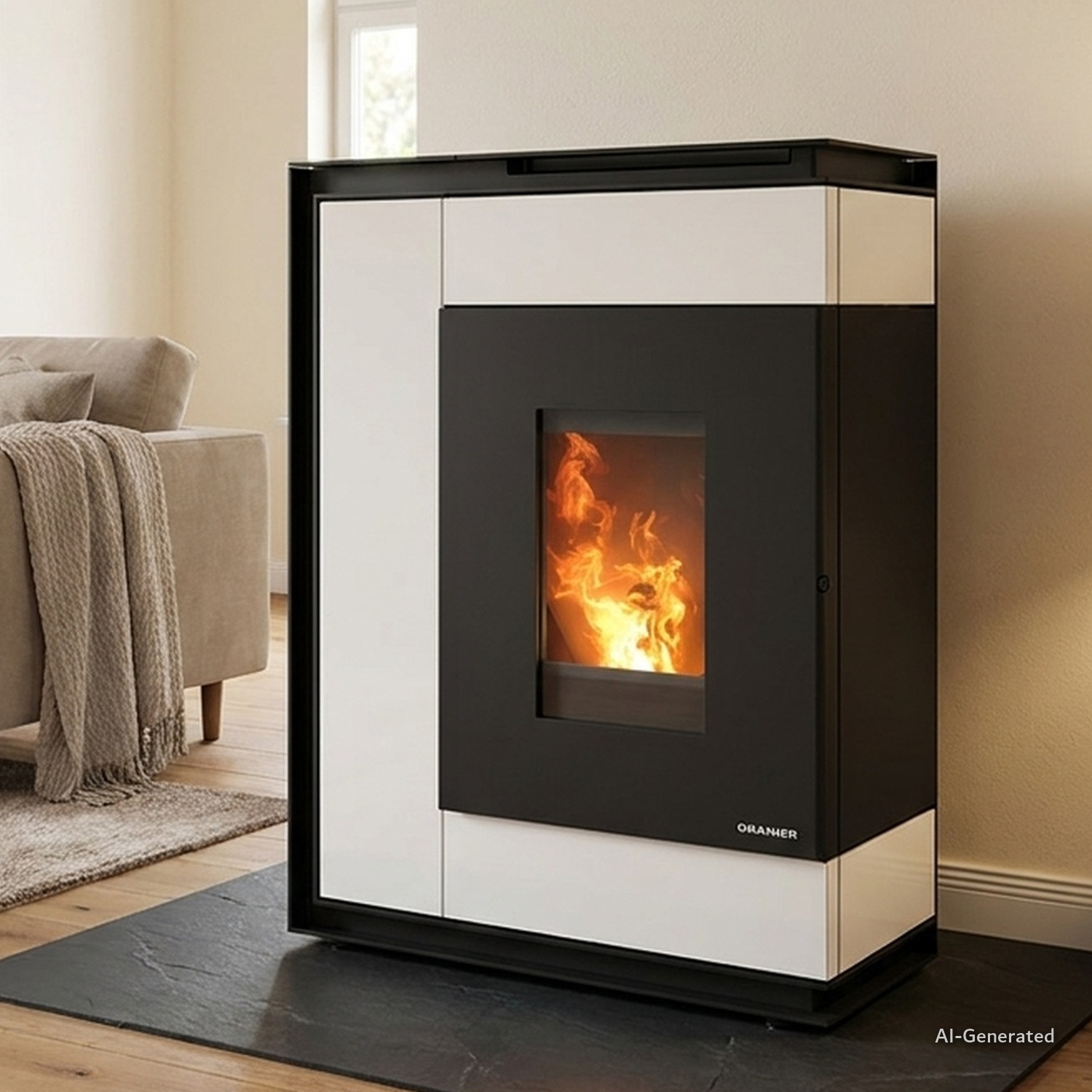 Oranier Boreas Aqua Next wasserführender Pelletofen 9,5 kW Sintered Stone Seidenweiß Rauchrohranschluss hinten