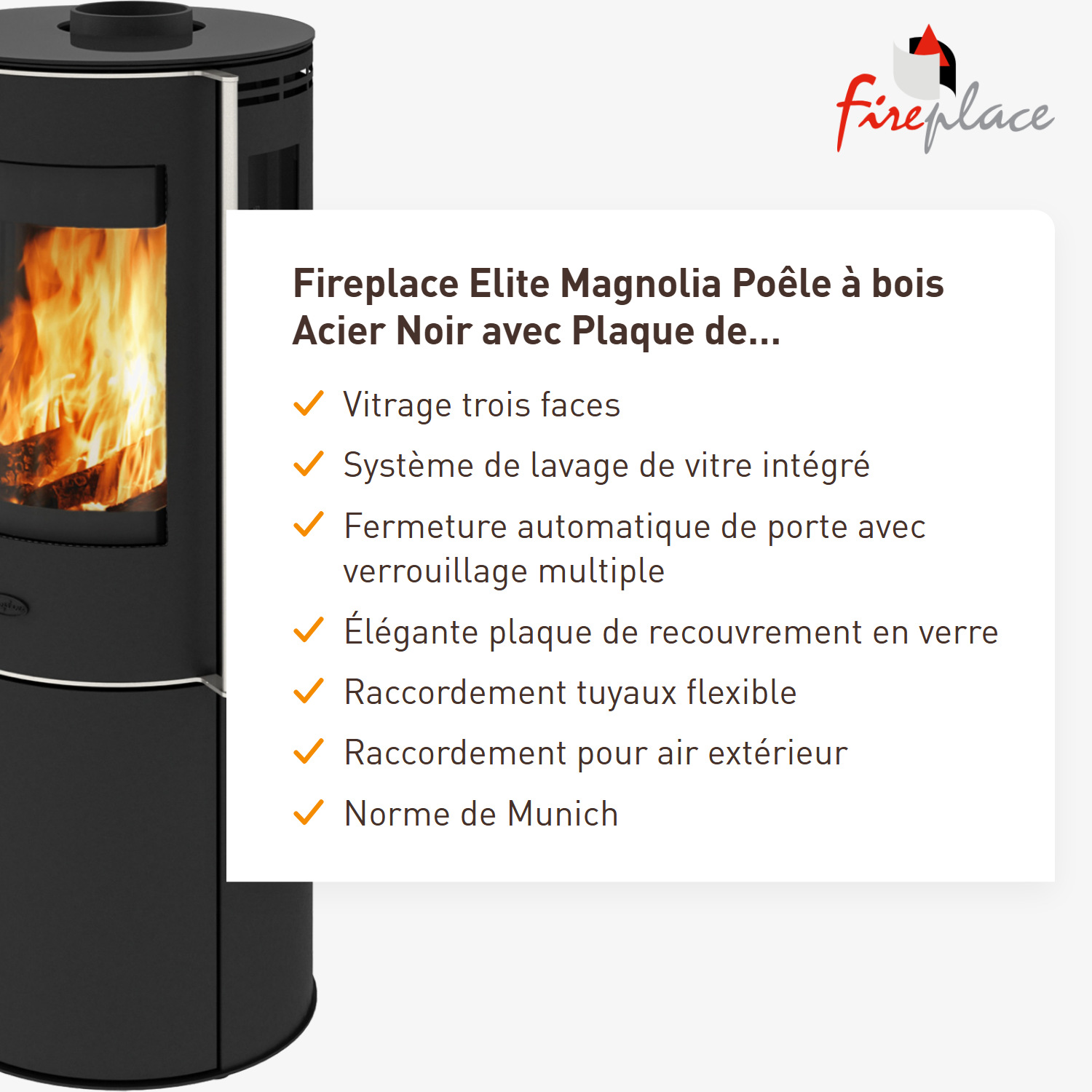 Fireplace Elite Magnolia poêle à bois en acier noir avec plaque de recouvrement en verre.