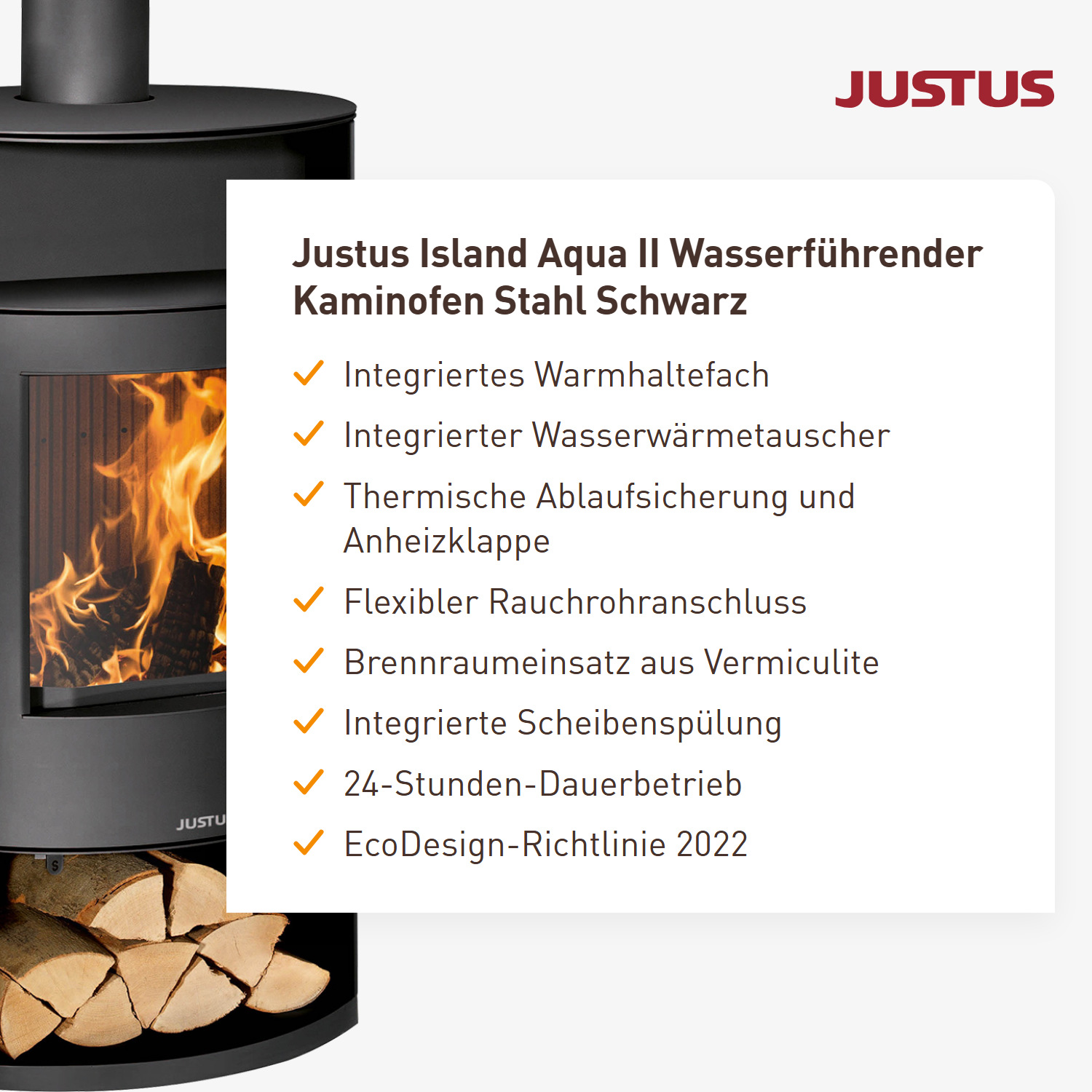 Justus Island Aqua II Wasserführender Kaminofen Stahl Schwarz