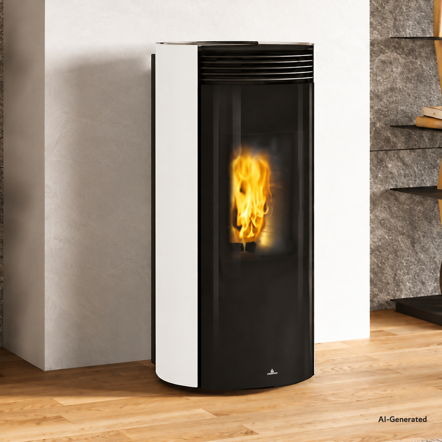 Représentation générée par IA : Poêle à granulés Edilkamin LIBRA 11+ RR blanc dans une pièce avec un mur clair, un parquet et du feu allumé
