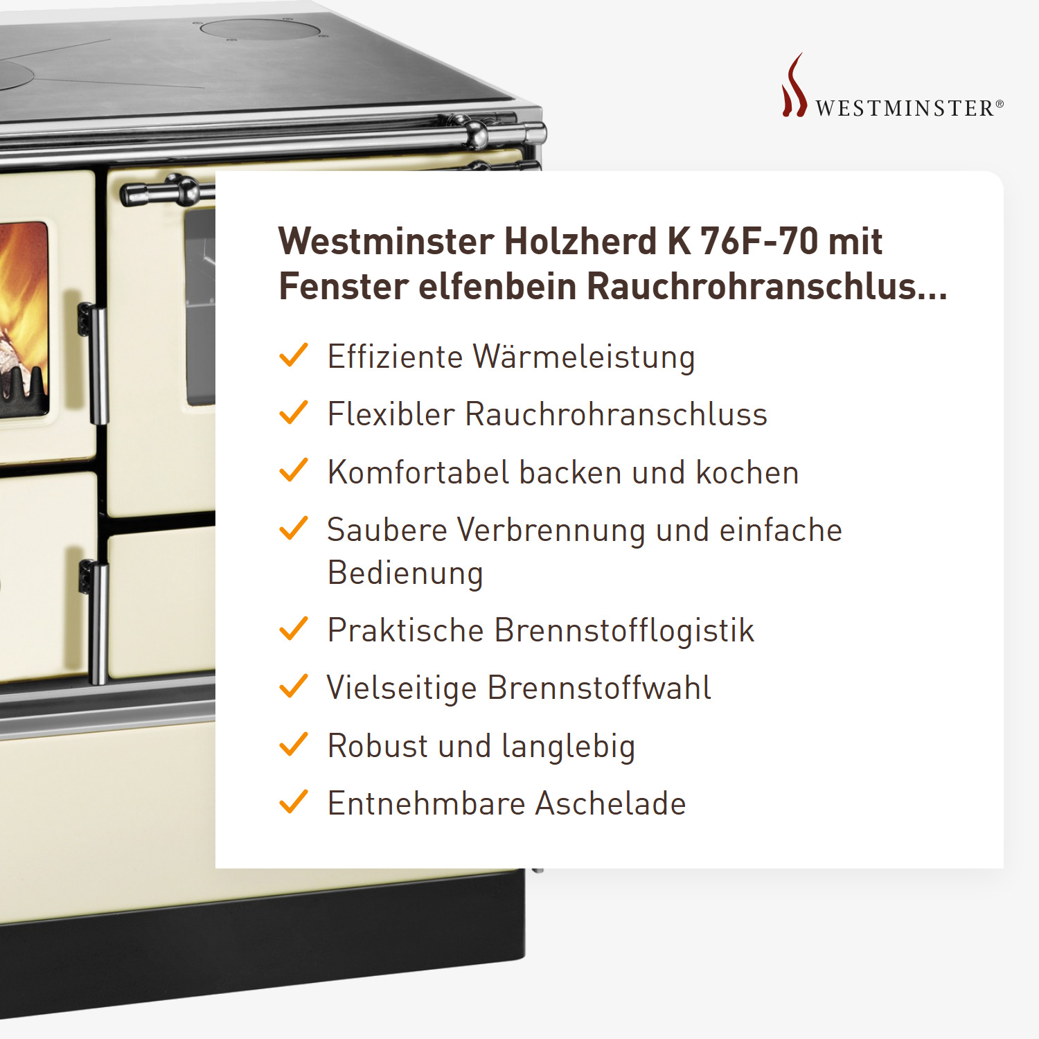 Westminster Holzherd K 76F-70 mit Fenster elfenbein Rauchrohranschluss links