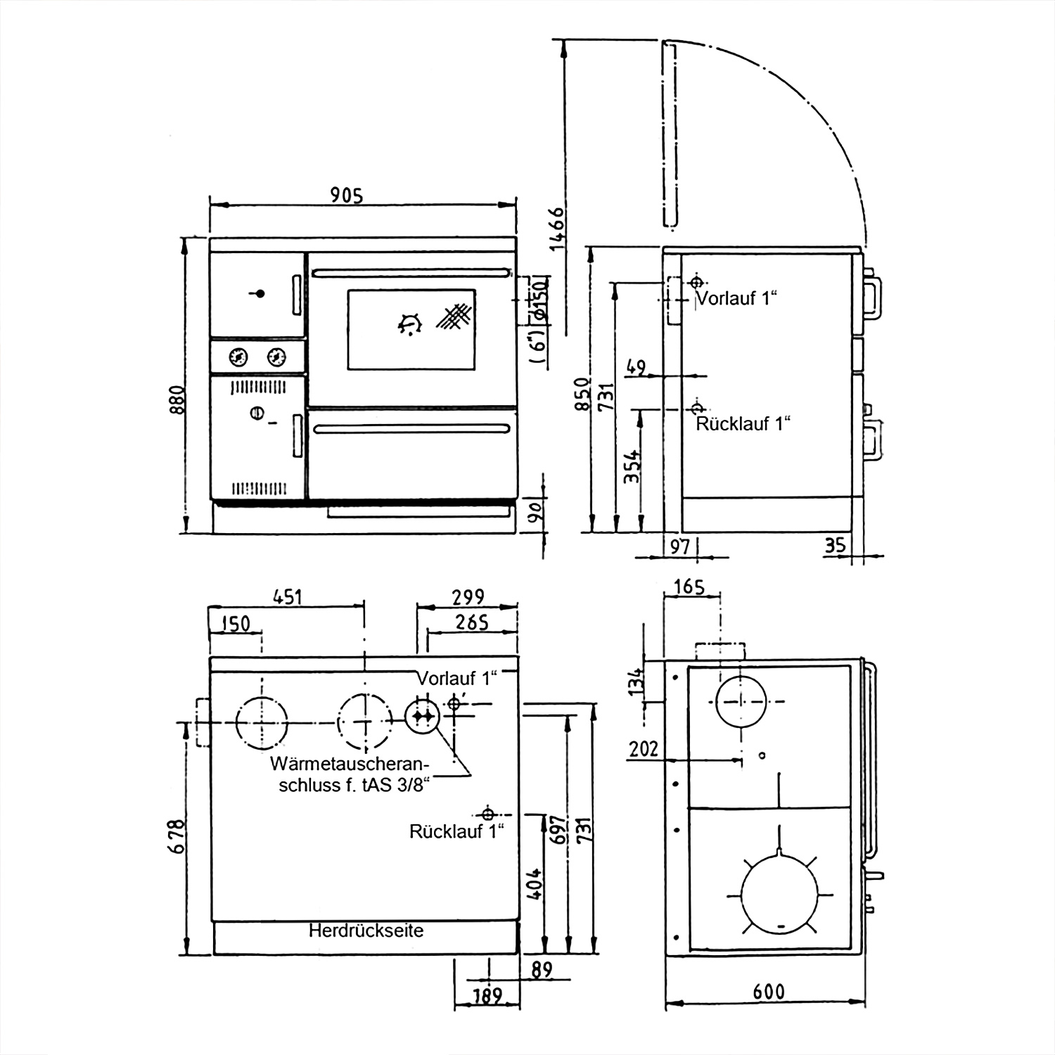 Wamsler K 148 Küchenofen wasserführend Schwarz/Matt, Rauchrohr rechts