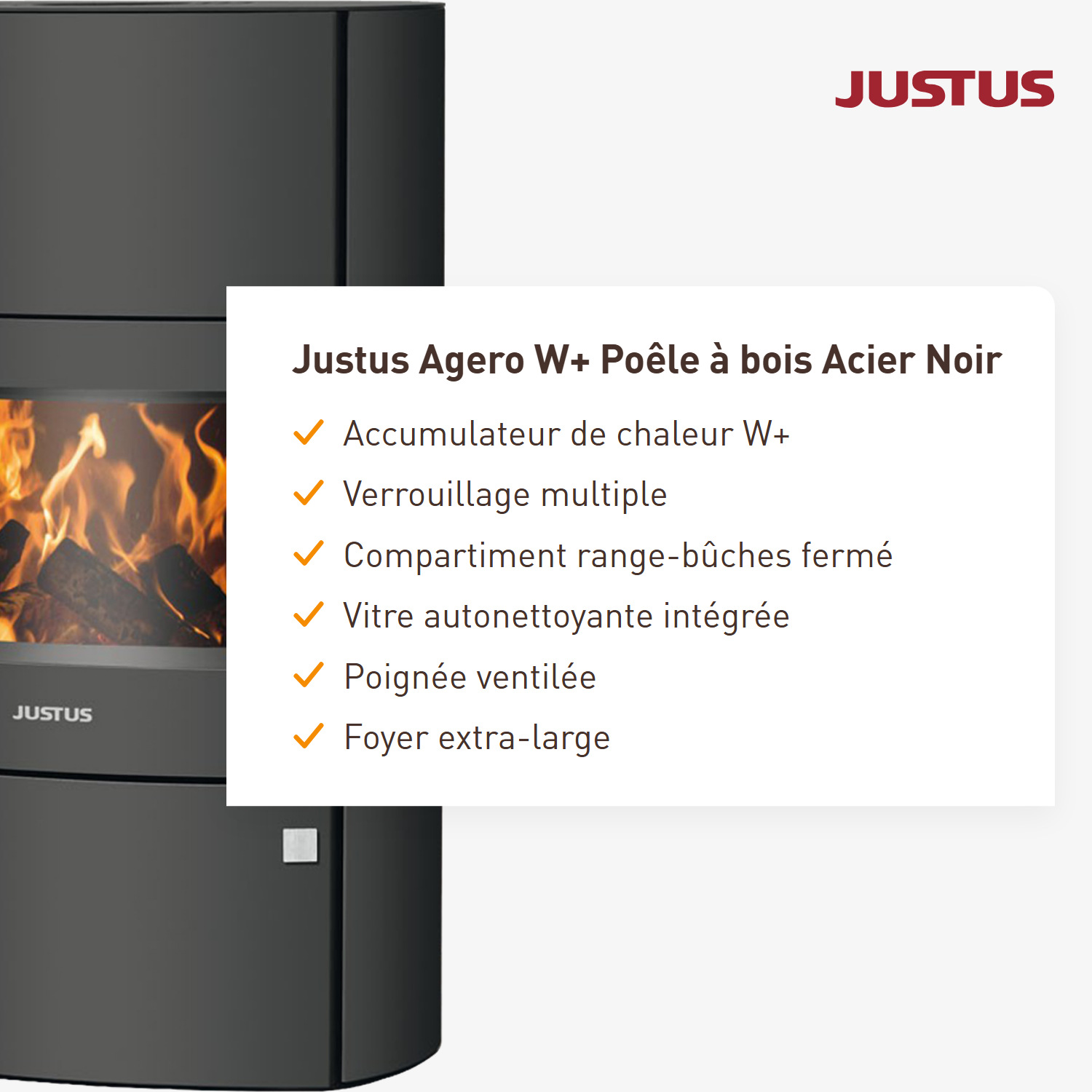 Justus Agero W+ Poêle à bois Acier Noir