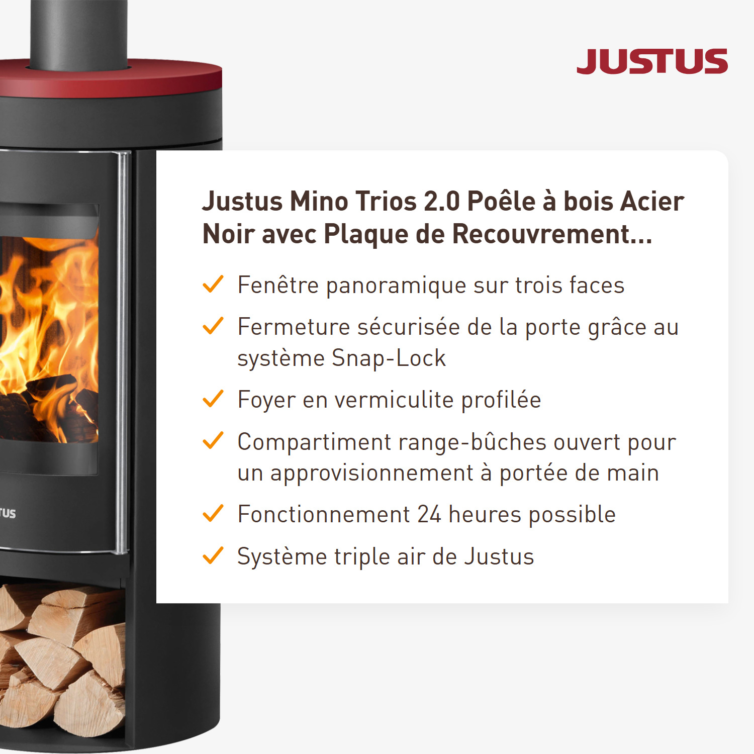 Justus Mino Trios 2.0 Poêle à bois en acier noir avec plaque de recouvrement en céramique bordeaux.