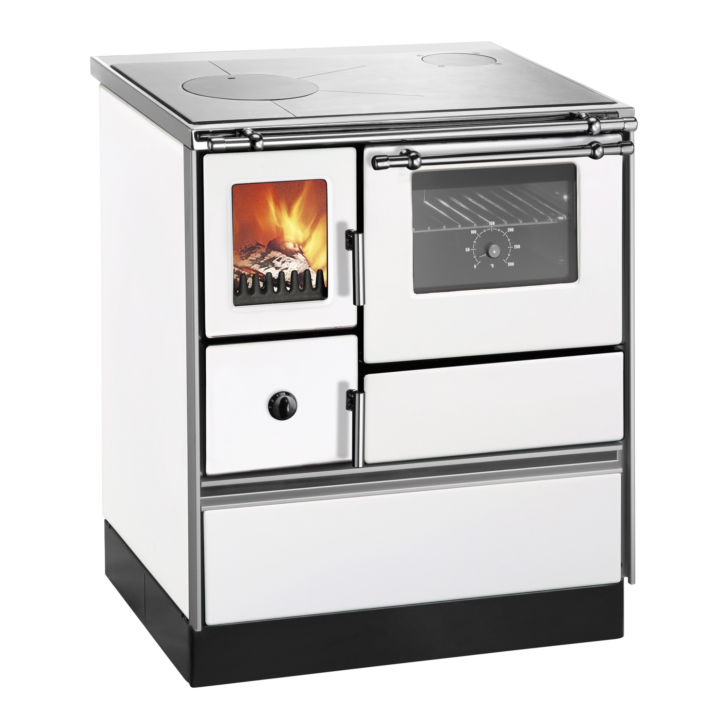 Westminster Cuisinière à bois Style 70 blanc avec plaque de cuisson polie et cadre de cuisinière inox raccordement tuyaux droite