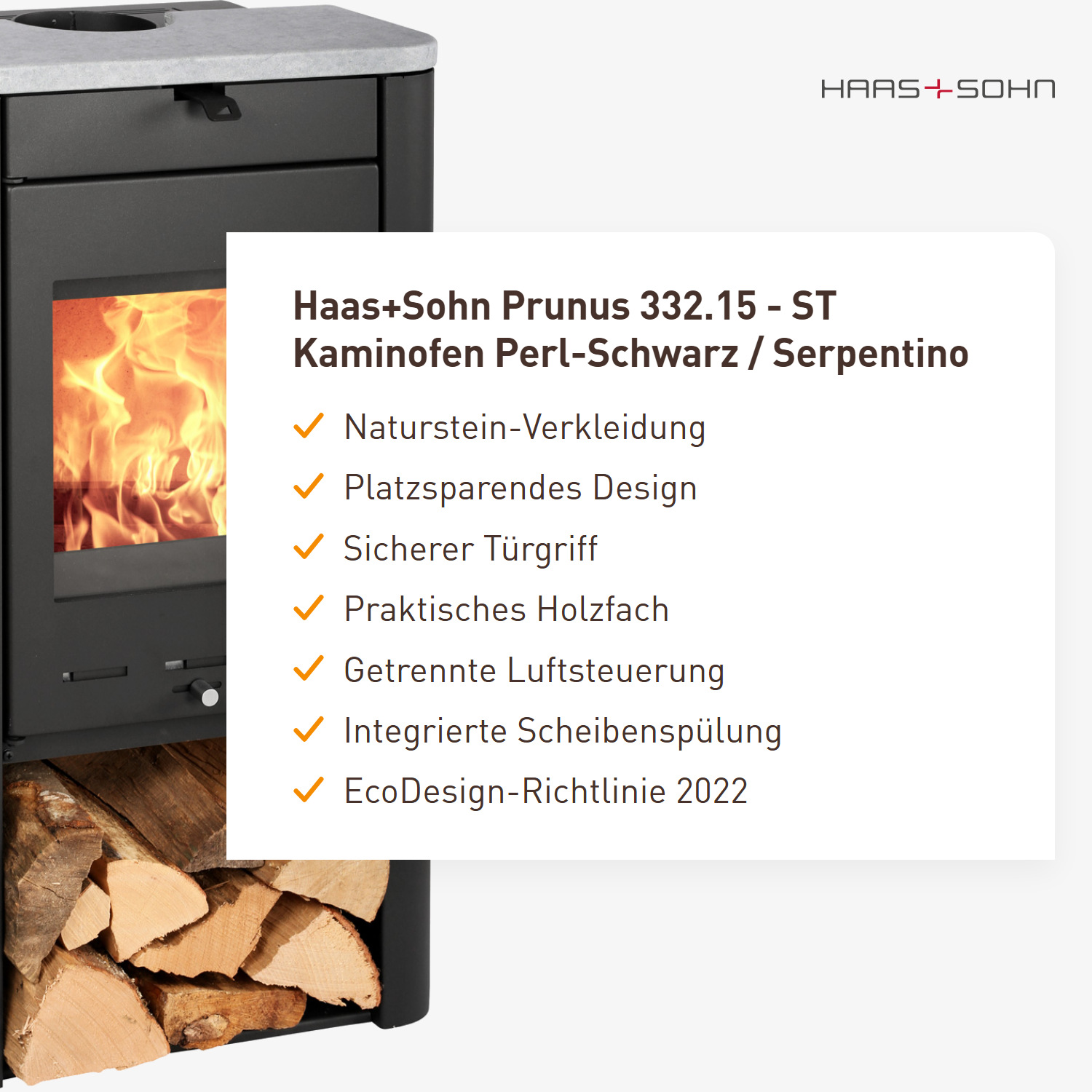 Haas+Sohn Prunus 332.15 - ST Kaminofen Perl-Schwarz / Serpentino