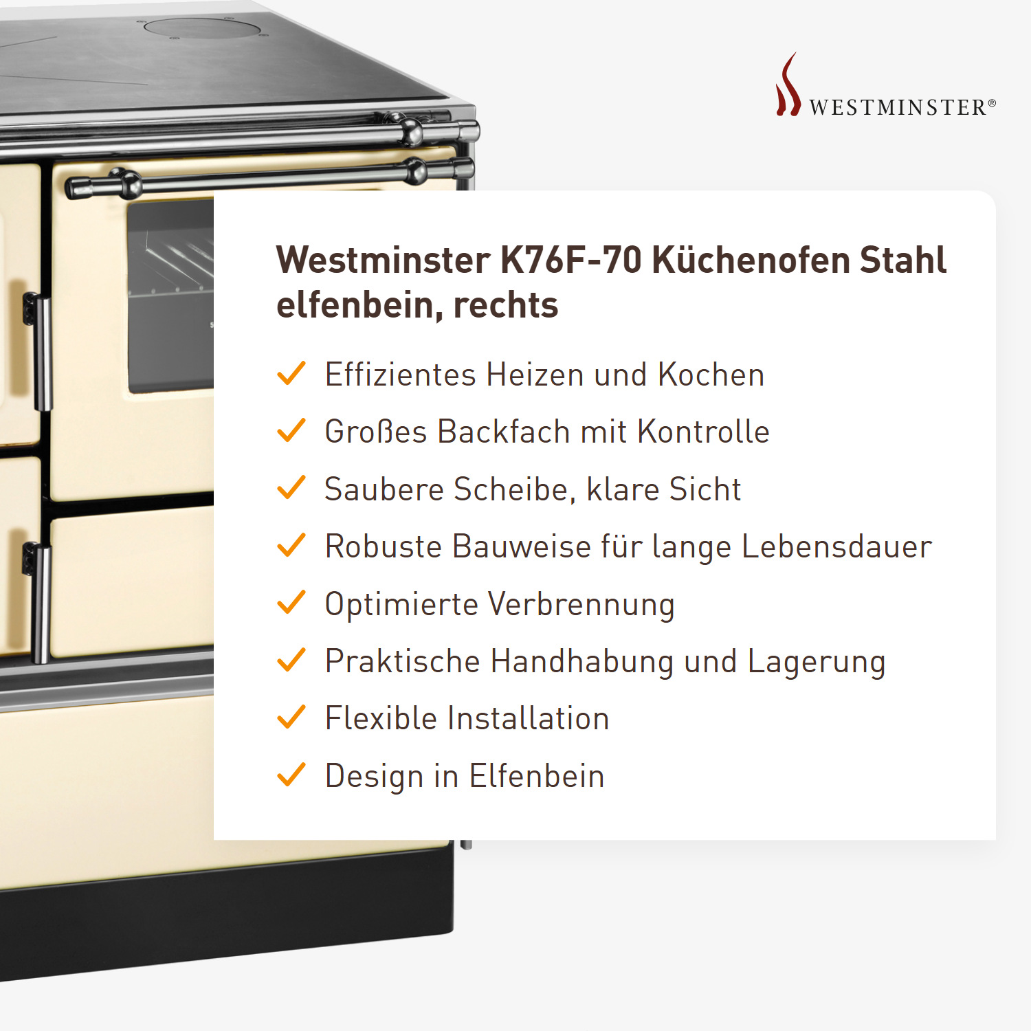 Westminster K76F-70 Küchenofen Stahl elfenbein, rechts