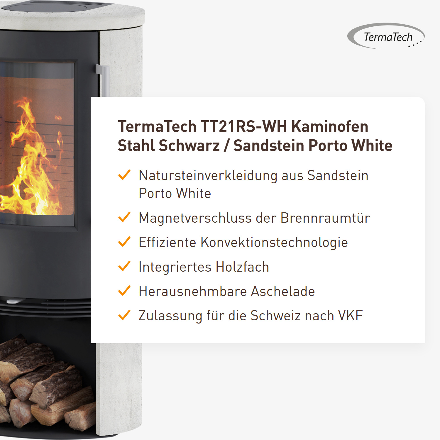 TermaTech TT21RS-WH Kaminofen Stahl Schwarz / Sandstein Porto White