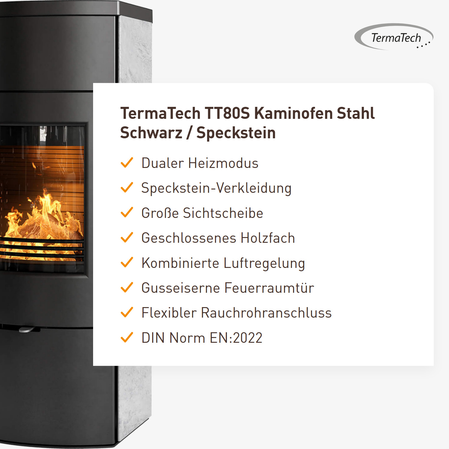 TermaTech TT80S Kaminofen Stahl Schwarz / Speckstein