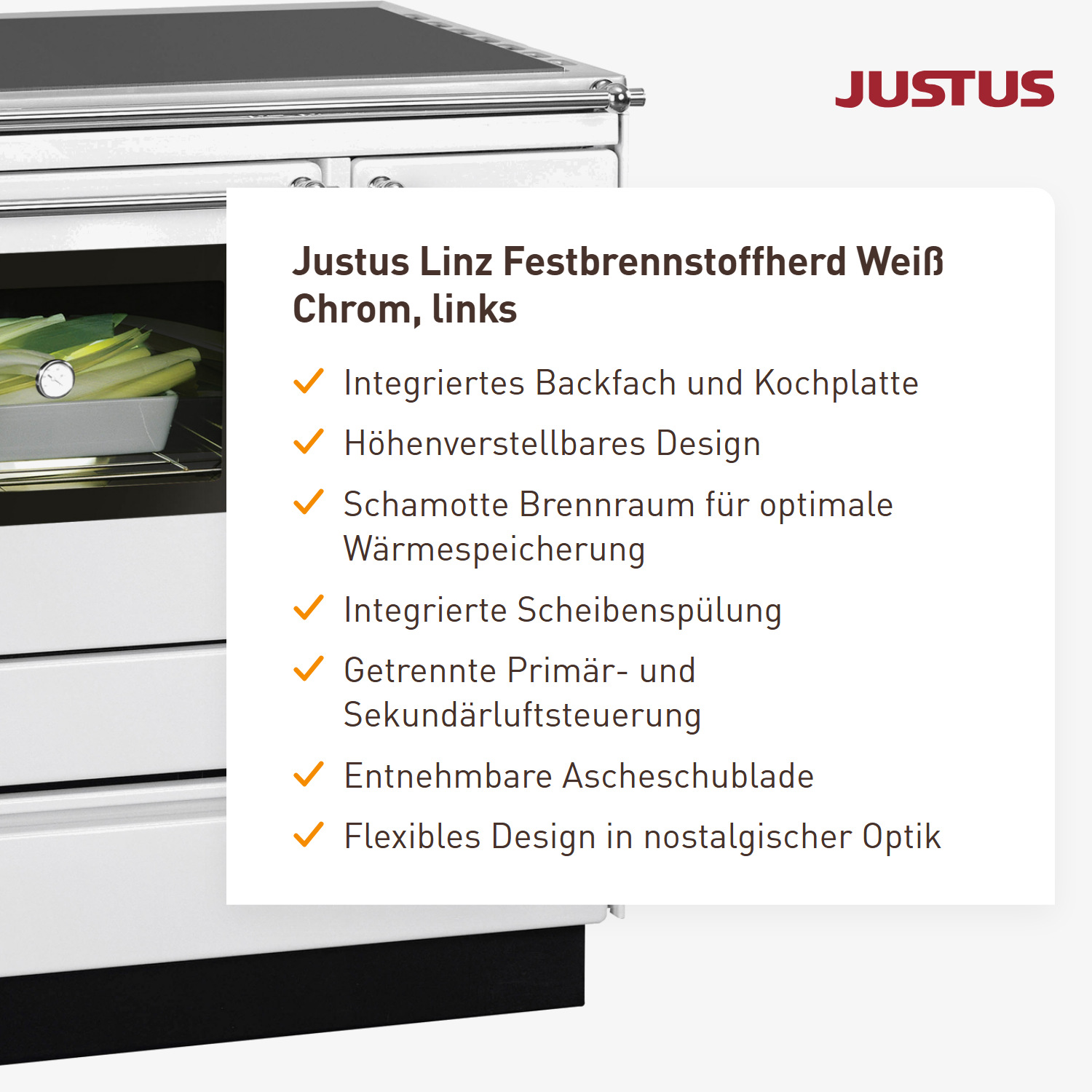 Justus Linz Festbrennstoffherd Weiß Chrom, links