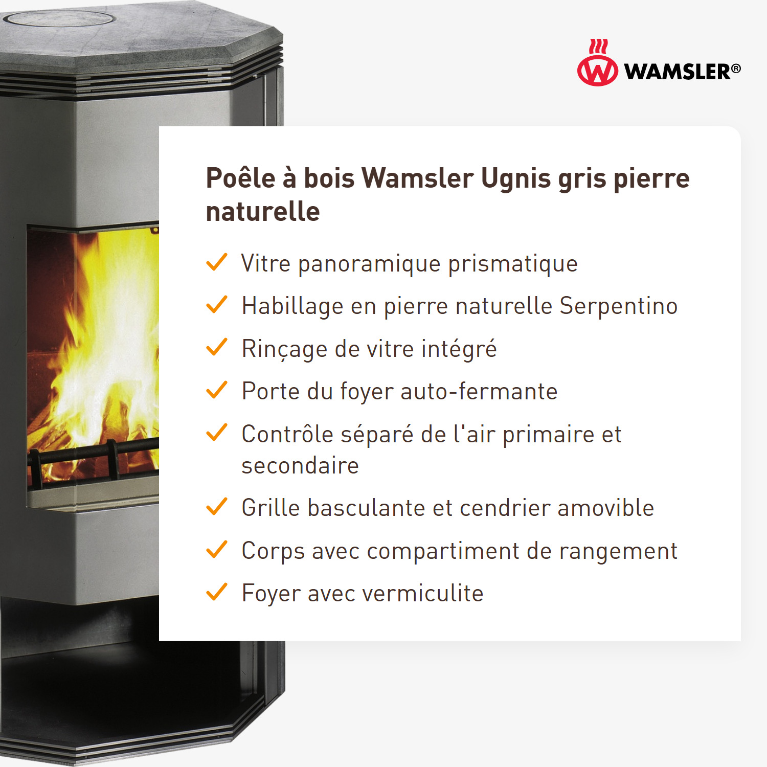 Wamsler poêle à bois « Ugnis » gris pierre naturelle