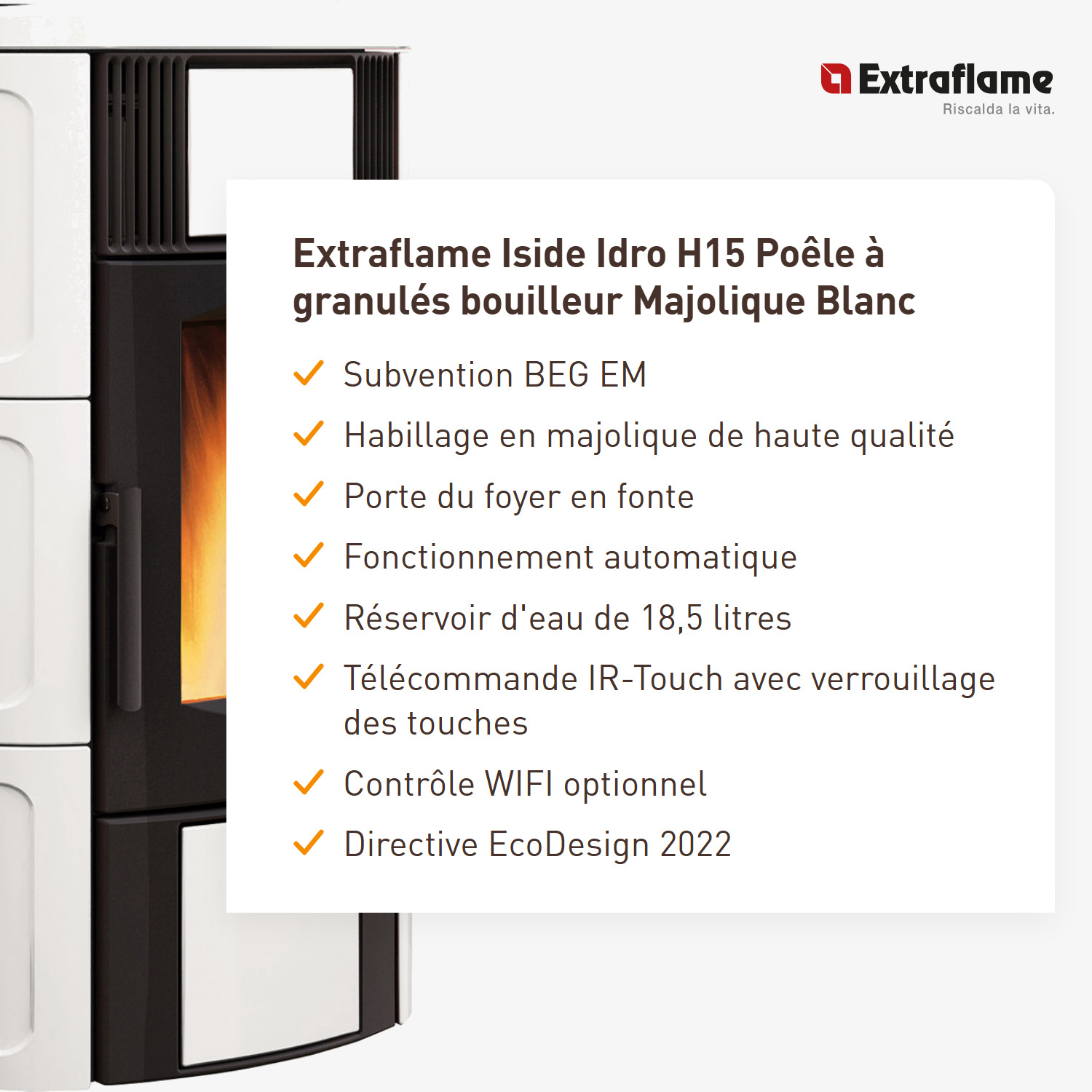Extraflame Iside Idro H15 poêle à granulés bouilleur Majolique blanc