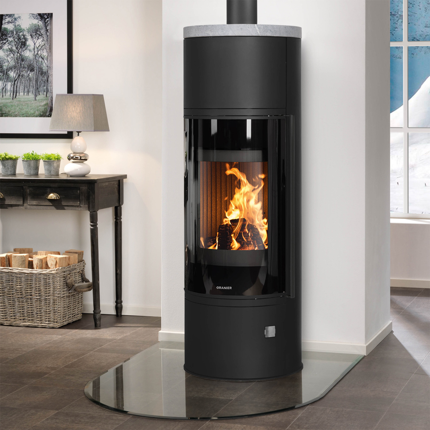 Oranier Arena Aqua 2.0 wasserführender Kaminofen Stahl Schwarz mit Abdeckplatte Speckstein