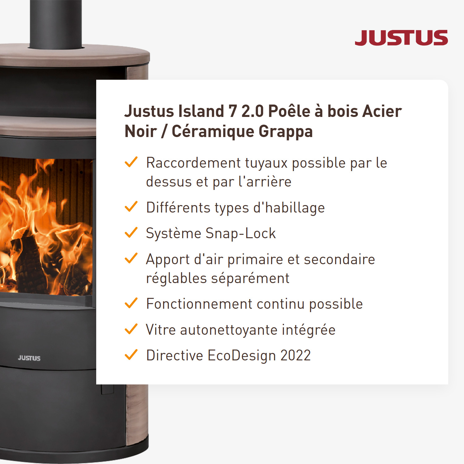 Justus Island 7 2.0 Poêle à bois Acier Noir / Céramique Grappa