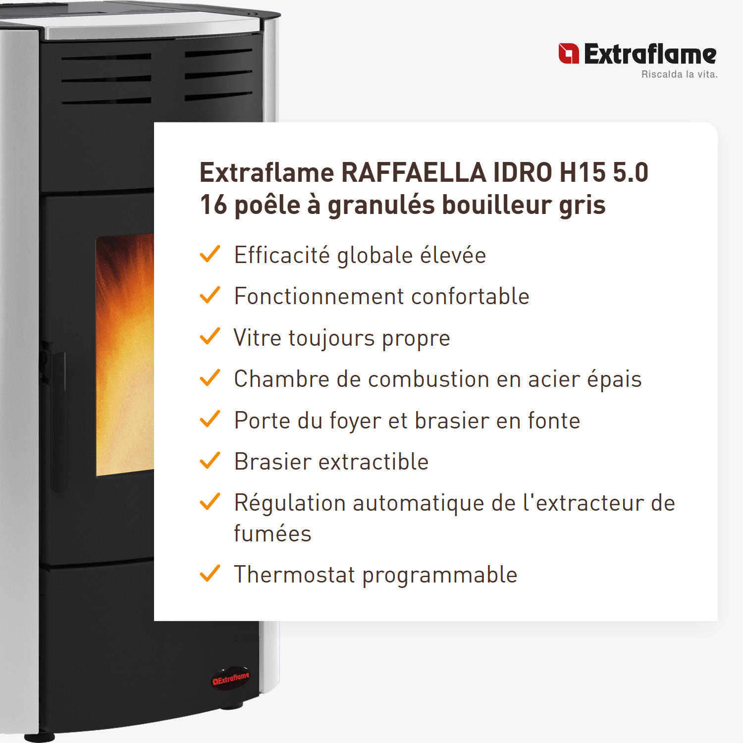Extraflame RAFFAELLA IDRO H15 5.0 16 poêle à granulés bouilleur gris