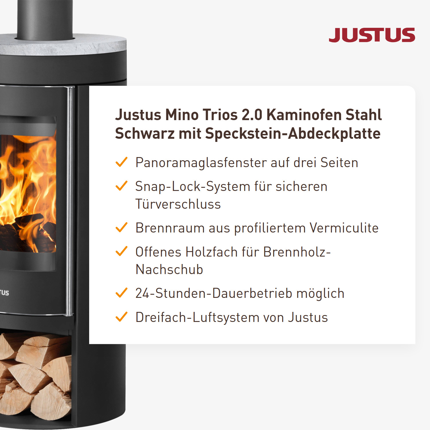 Justus Mino Trios 2.0 Kaminofen Stahl Schwarz mit Speckstein-Abdeckplatte