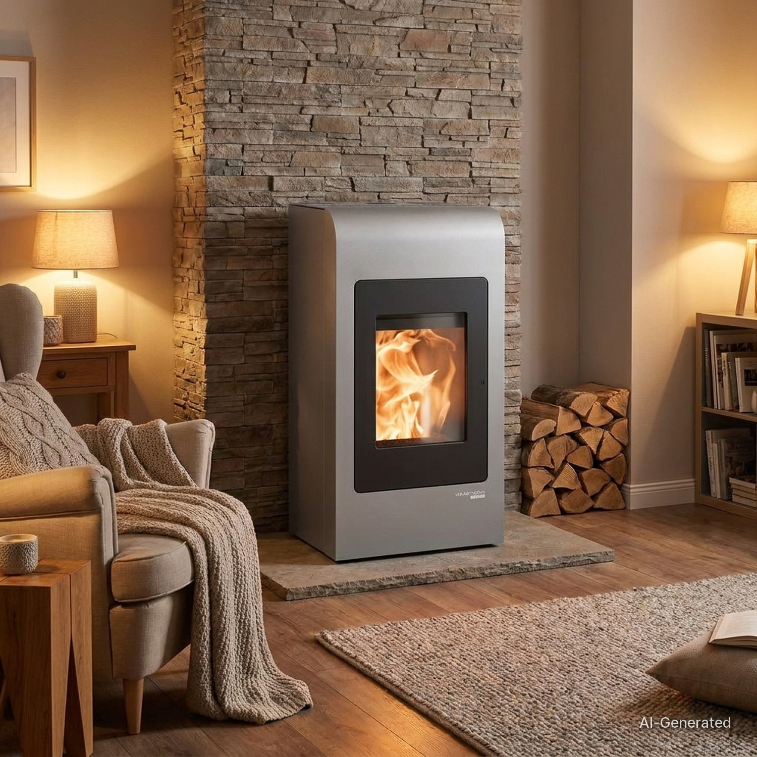 KI-generierte Darstellung: Haas+Sohn P Pelletofen HSP 2.rounded in Perl-Grau mit brennendem Feuer in einem Wohnzimmer mit Holzboden und Steinfassade