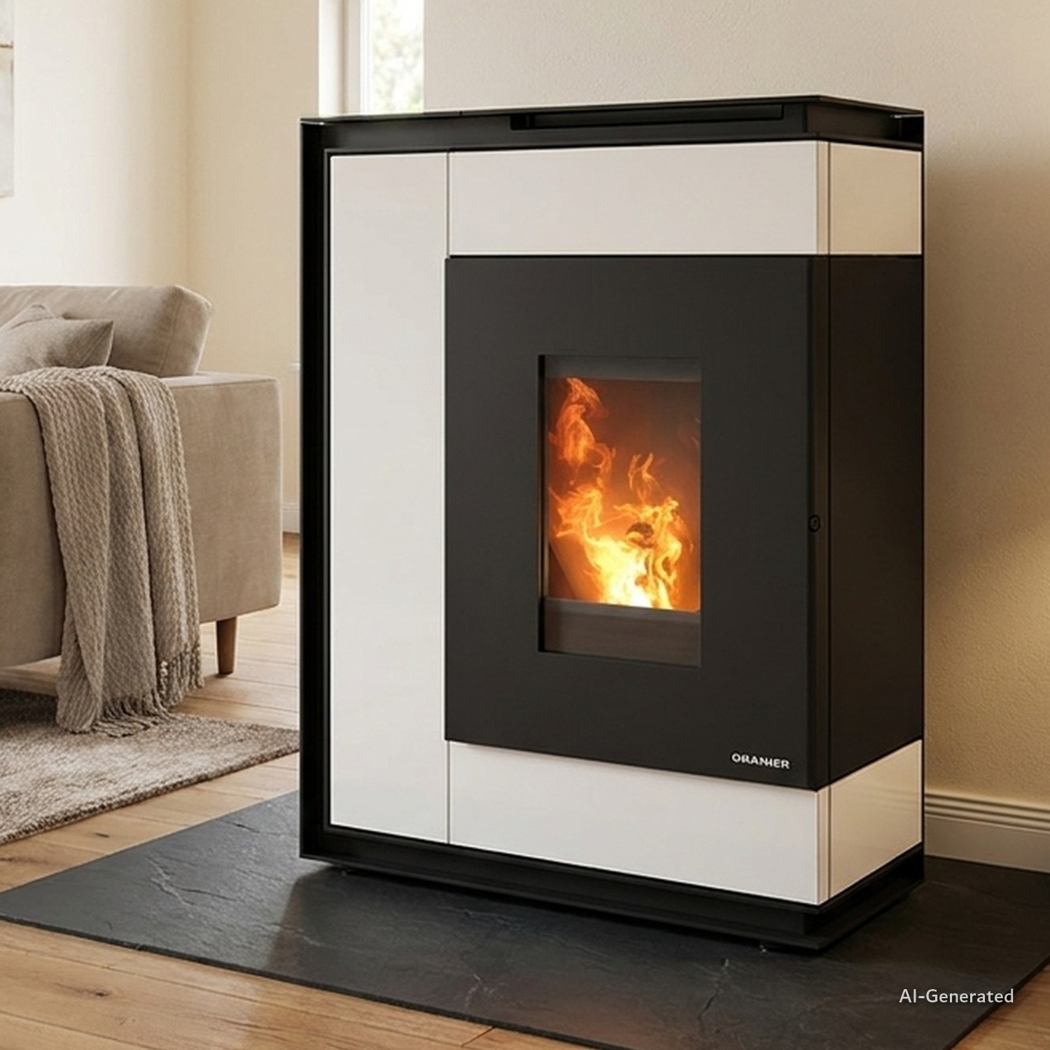 Oranier Boreas Aqua Next wasserführender Pelletofen 9,5 kW Sintered Stone Seidenweiß Rauchrohranschluss oben