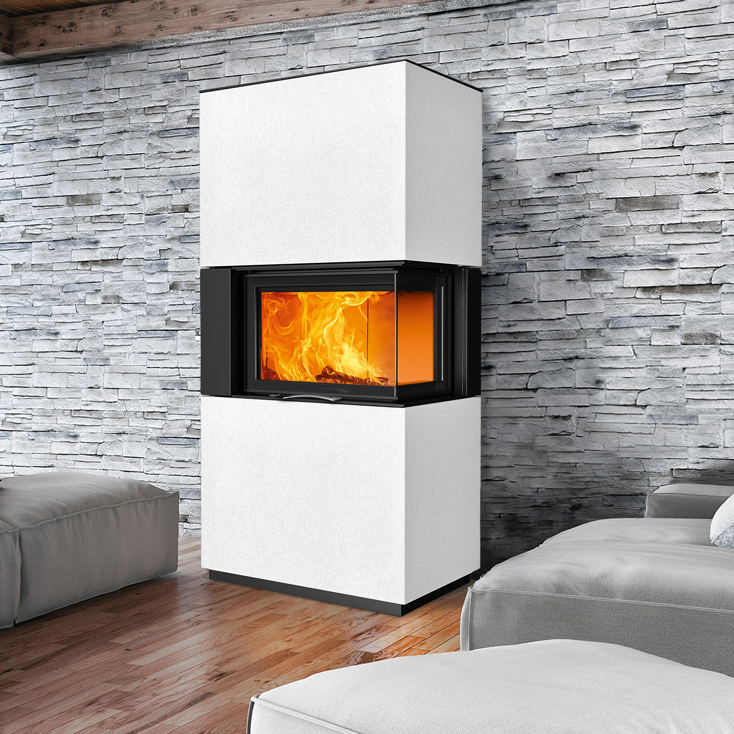 Austroflamm Sam 2.0 Kaminbausatz Eckverglasung rechts mit Schiebetür Beton Polar White