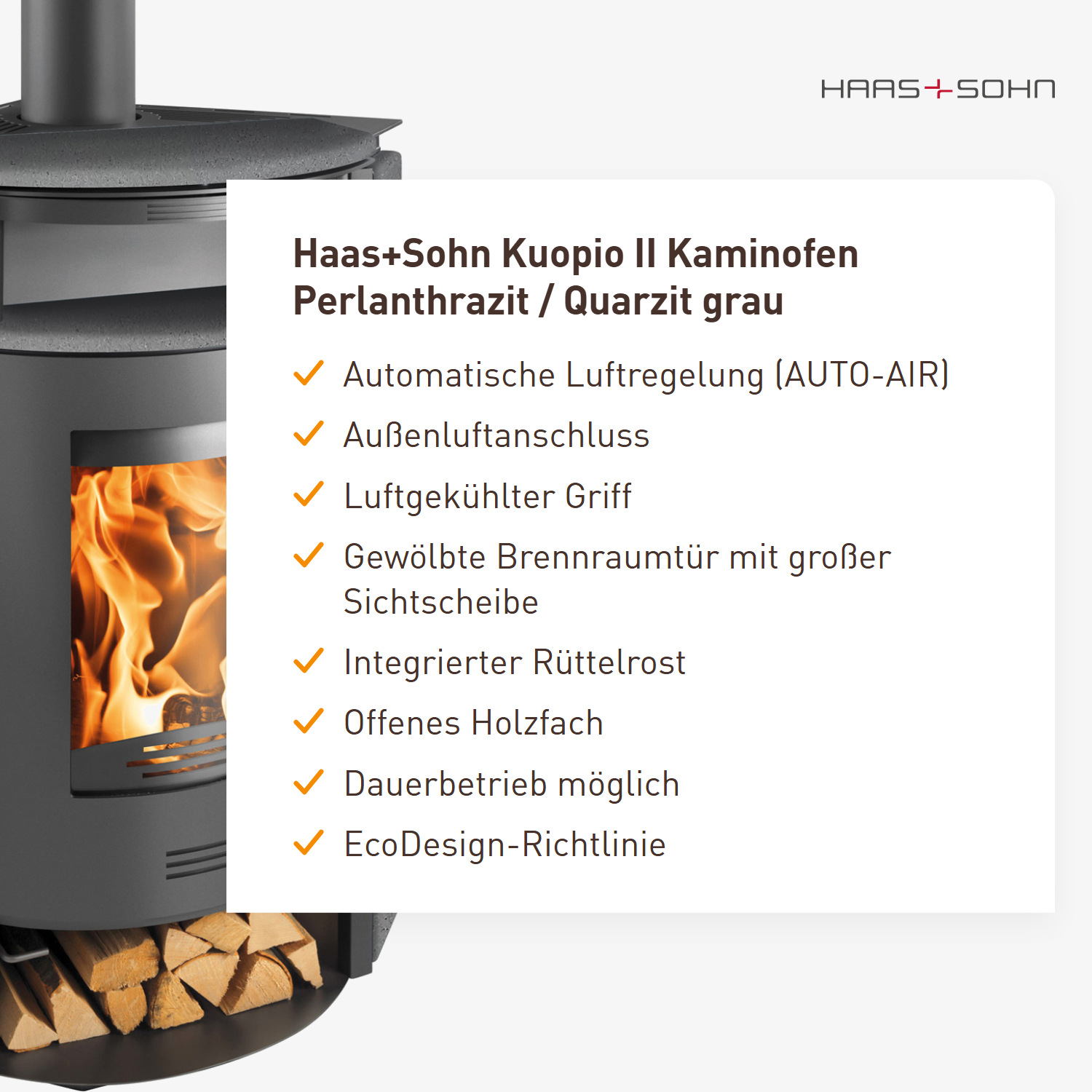 Haas+Sohn Kuopio II Kaminofen Perlanthrazit / Quarzit grau
