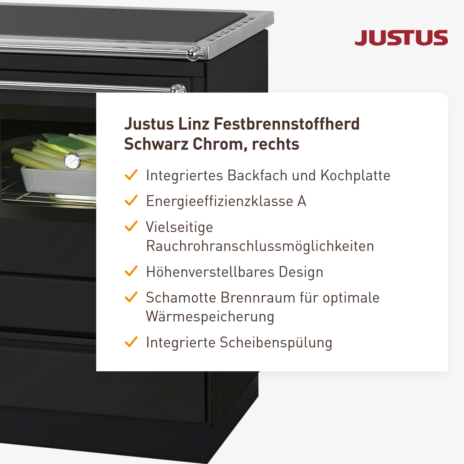 Justus Linz Festbrennstoffherd Schwarz Chrom, rechts
