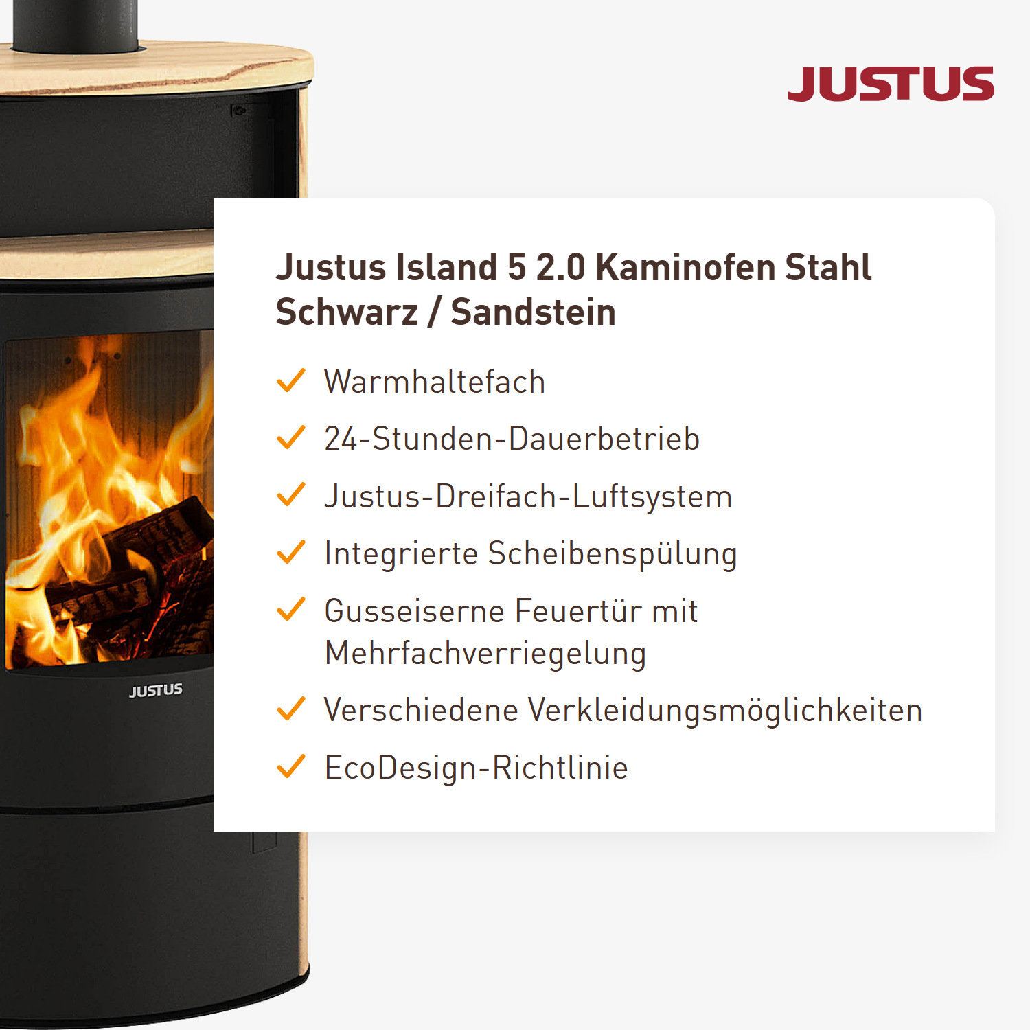 Justus Island 5 2.0 Kaminofen Stahl Schwarz / Sandstein