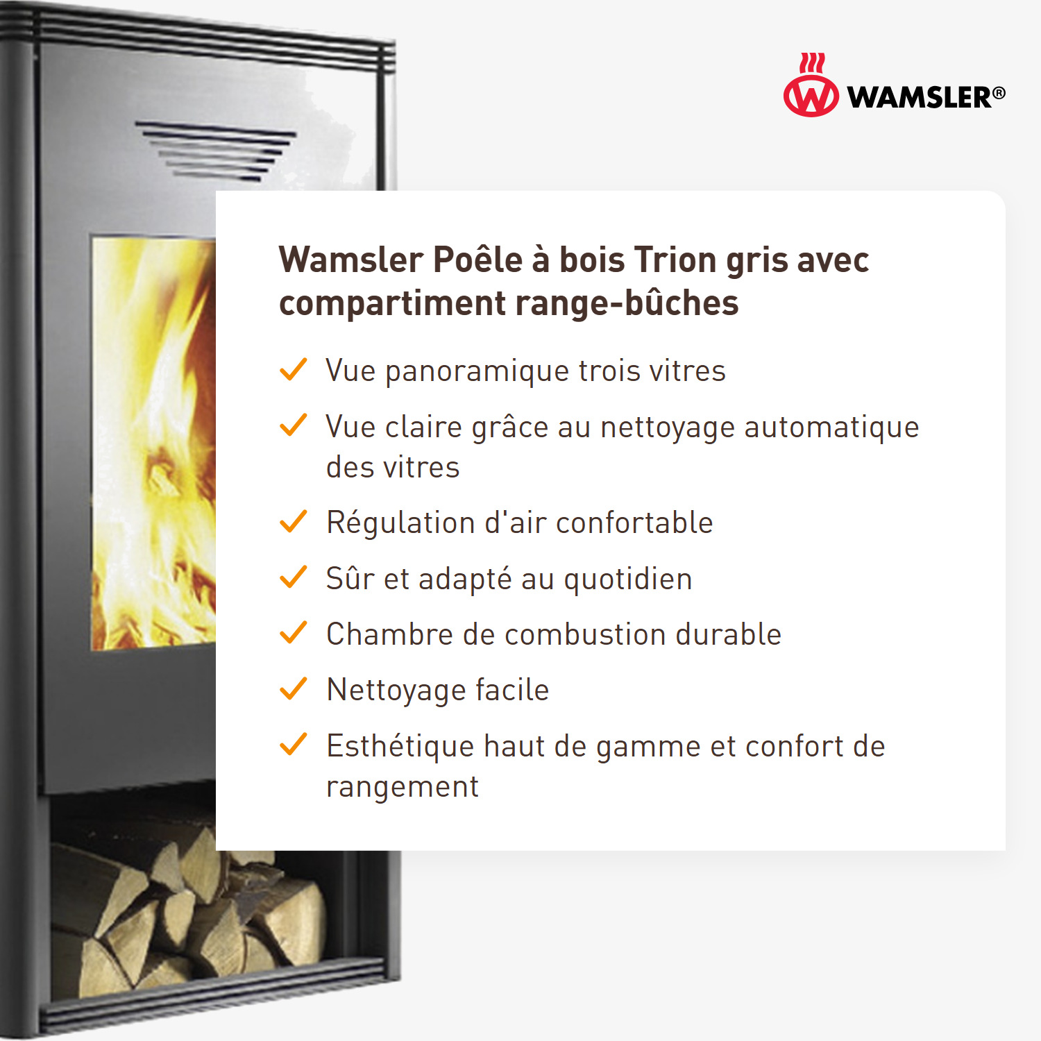 Wamsler poêle à bois « Trion » gris avec compartiment range-bûches