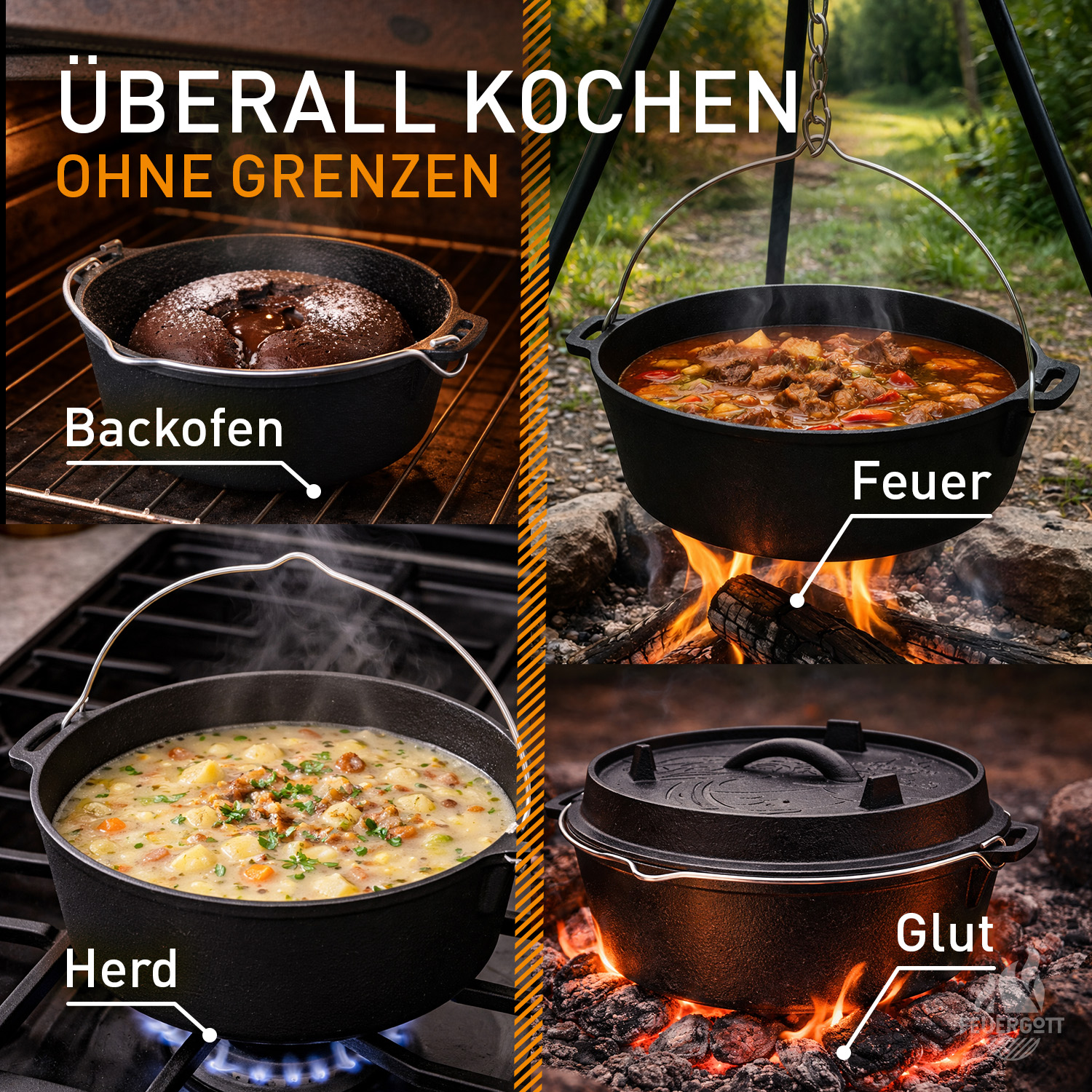 FEUERGOTT Dutch Oven 1,5 l mit Füßen im Set mit Deckelheber und Ringreiniger