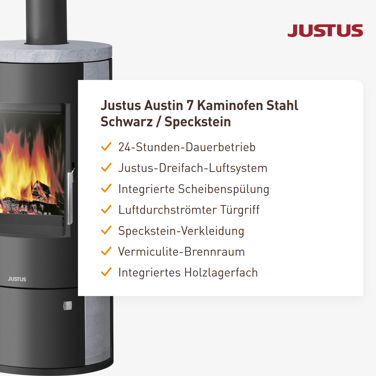 Justus Austin 7 Kaminofen Stahl Schwarz / Speckstein