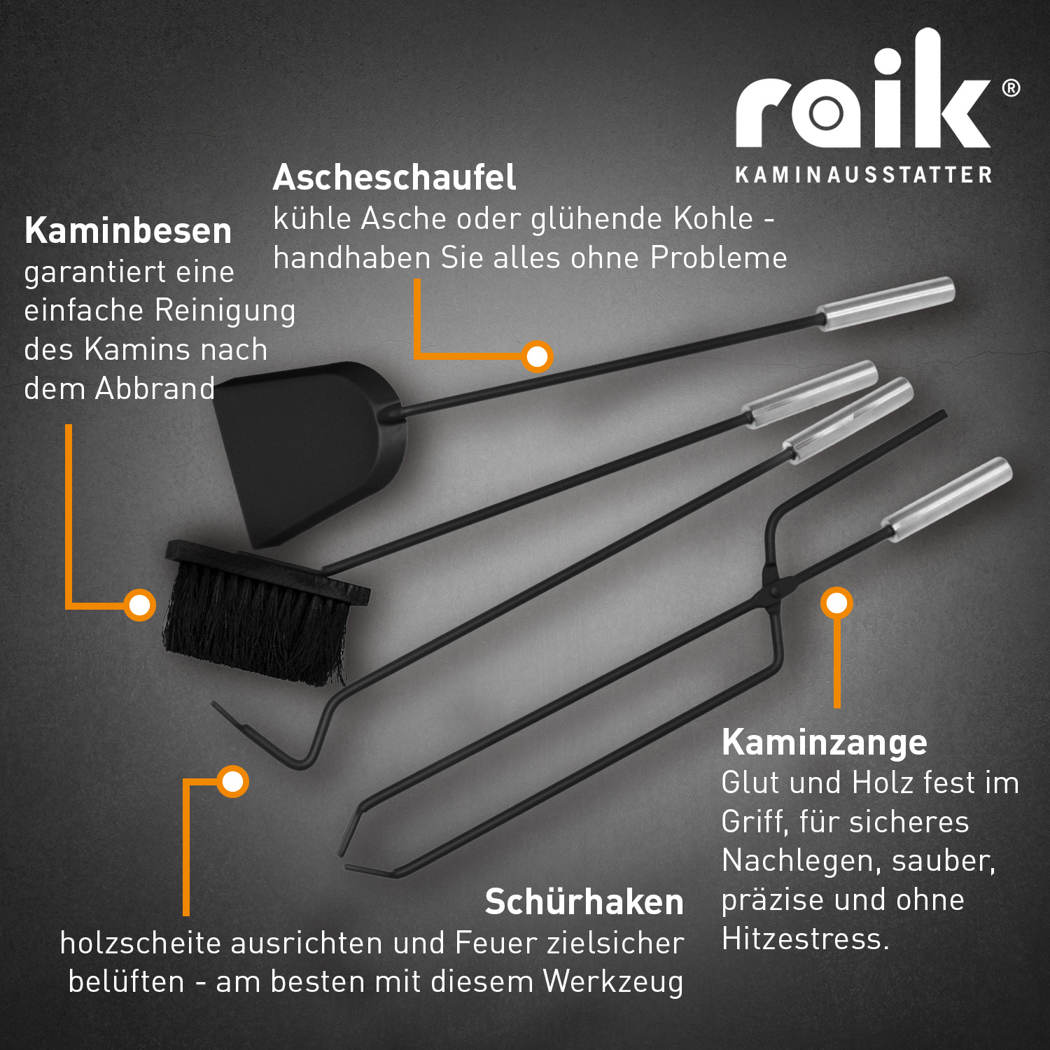 Kaminbesteck Albert mit Raik Kaminhandschuh Rindsleder, 4-teilig, schwarz, Edelstahlgriffe, 66 cm