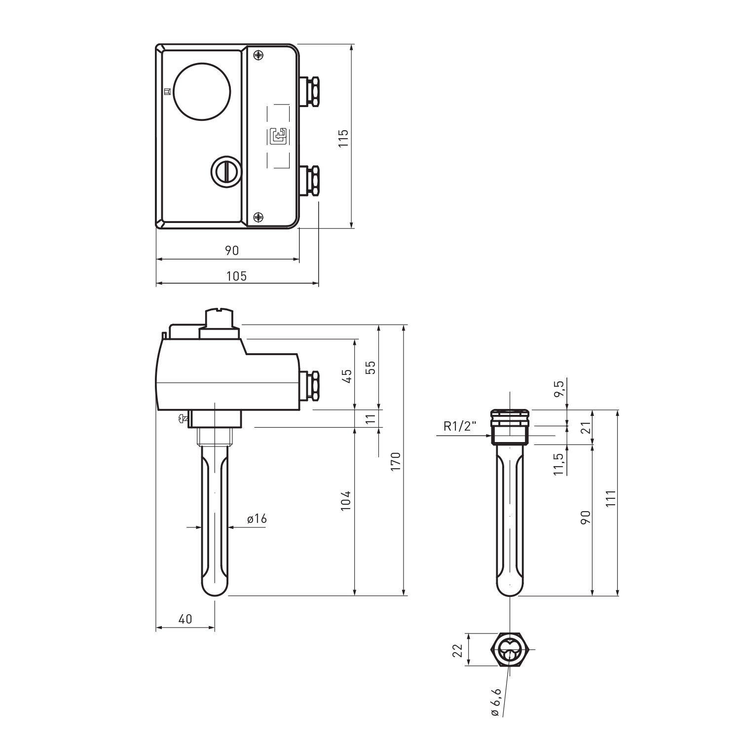 Résistance de chauffage à visser / Cartouche chauffante ESH 2.00 - 2 kW - 245 mm incl. thermostat