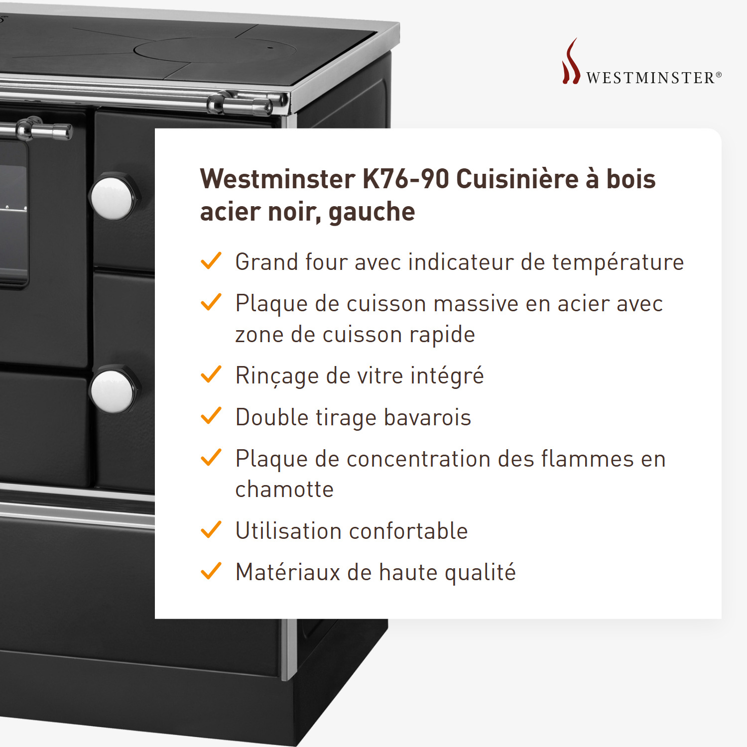 Westminster K76-90 cuisinière à bois acier noir, gauche