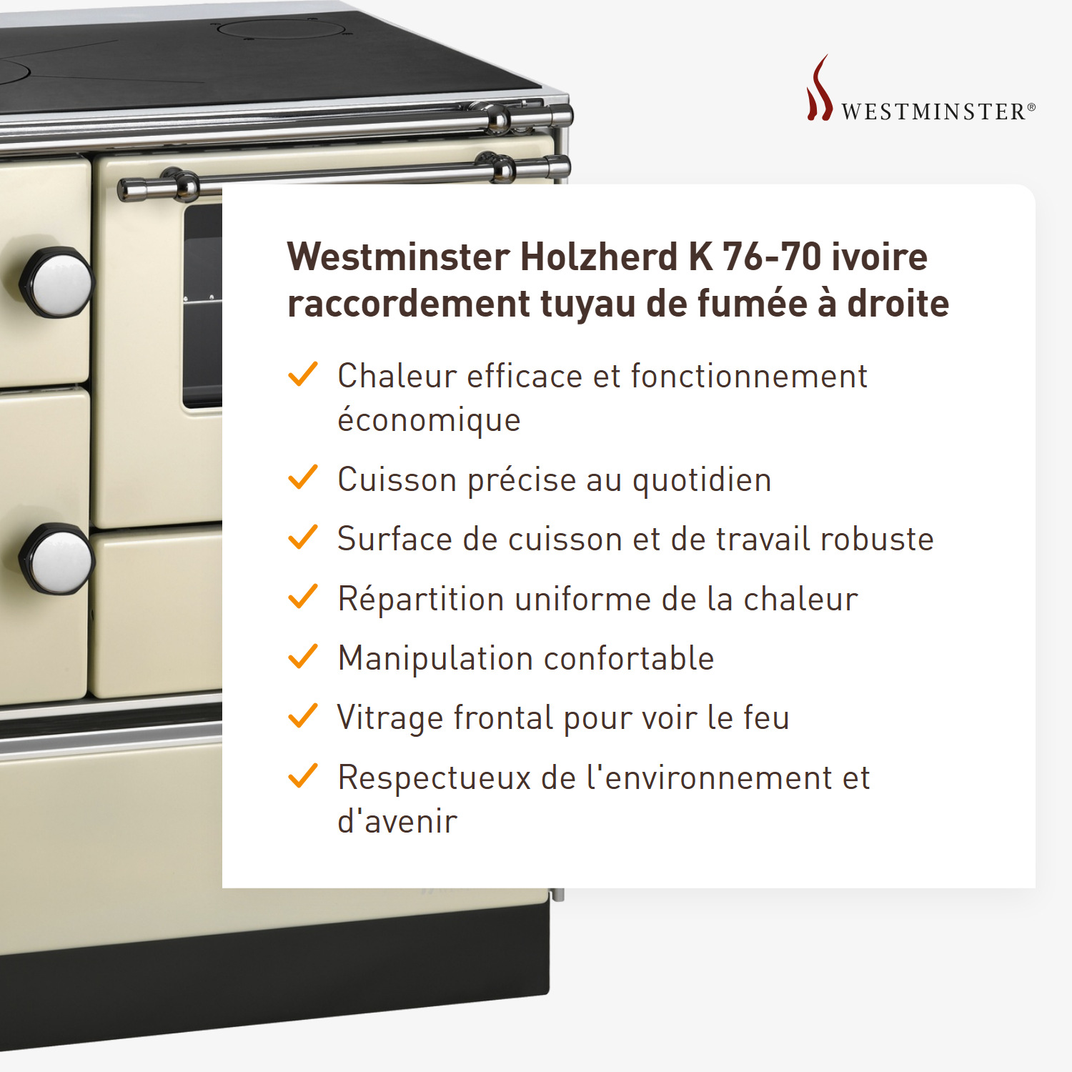 Westminster cuisinière à bois K 76-70 ivoire raccordement tuyaux droit