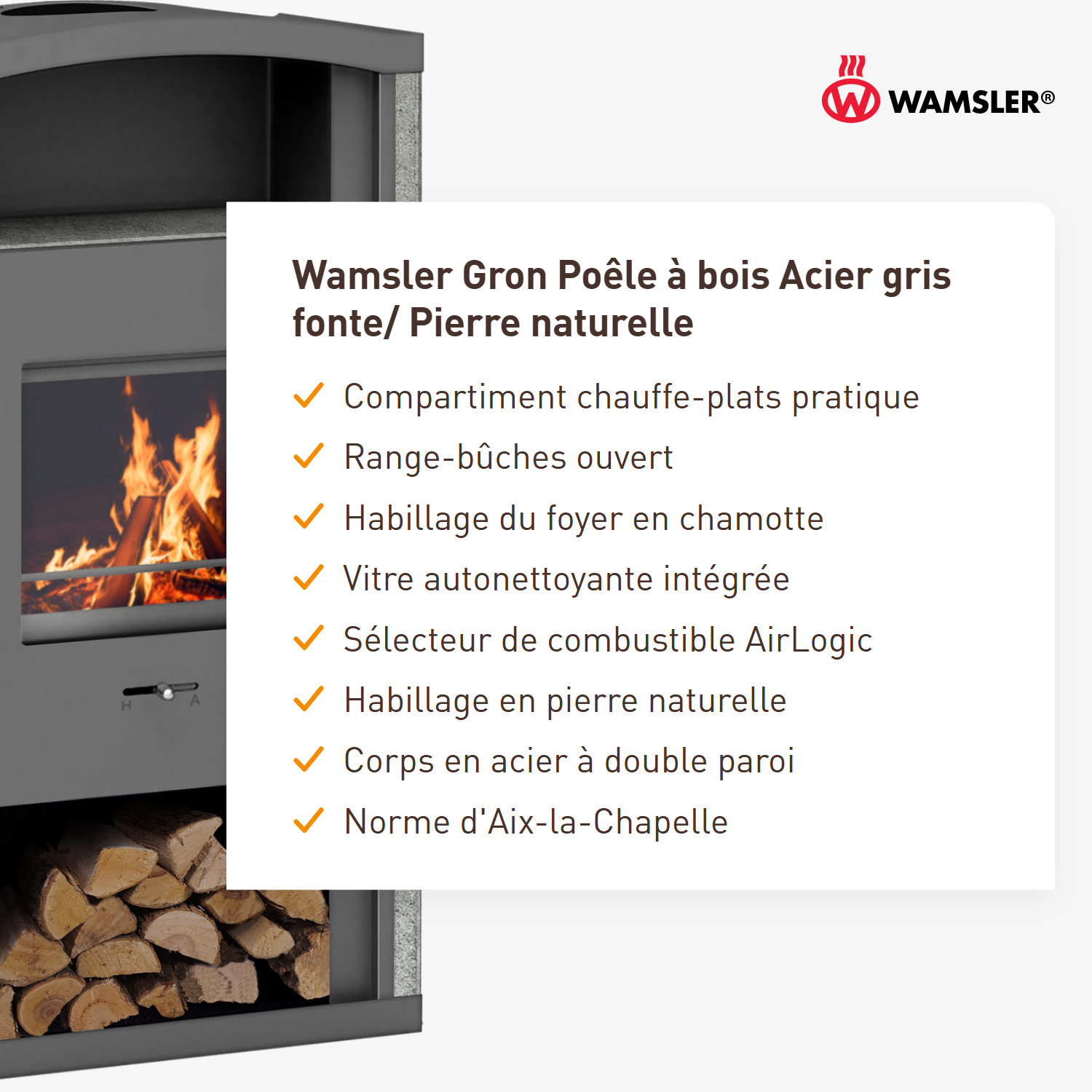 Wamsler Gron Poêle à bois en acier gris fonte/pierre naturelle