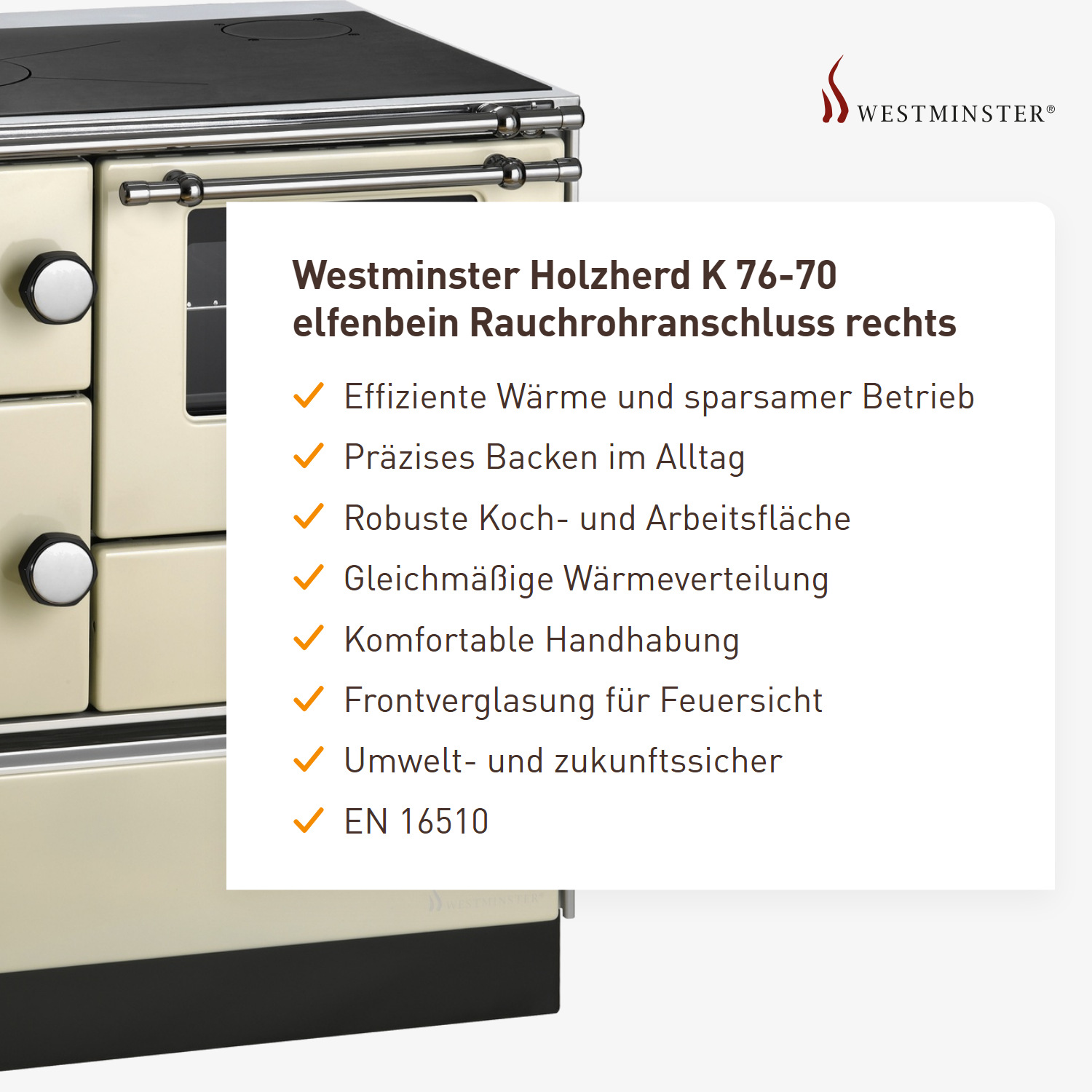 Westminster Holzherd K 76-70 elfenbein Rauchrohranschluss rechts