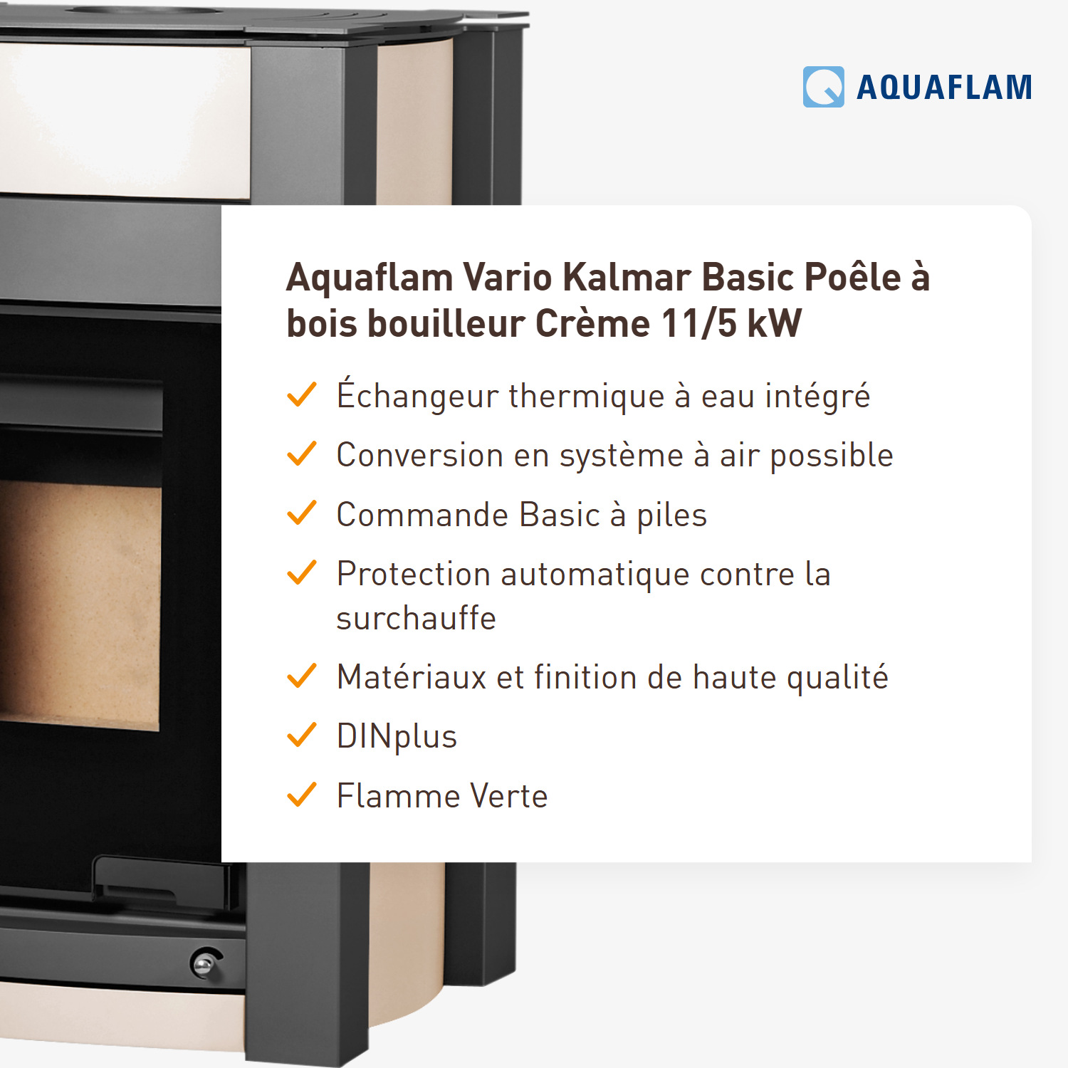 Poêle à bois avec échangeur d'eau Aquaflam Vario Kalmar Basic Crème 11/5 kW