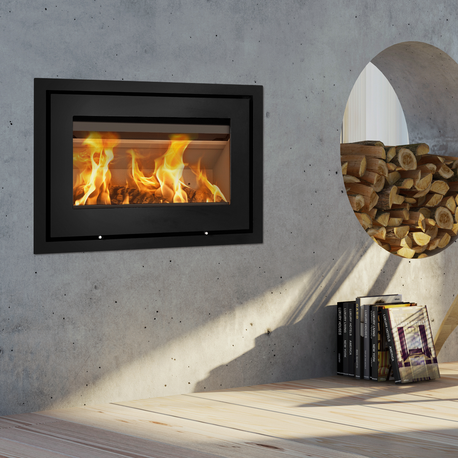 Lotus H370 Petite Kamineinsatz Schwarz / Scharniere links inkl. Standard Umrahmung / optional Griffvarianten