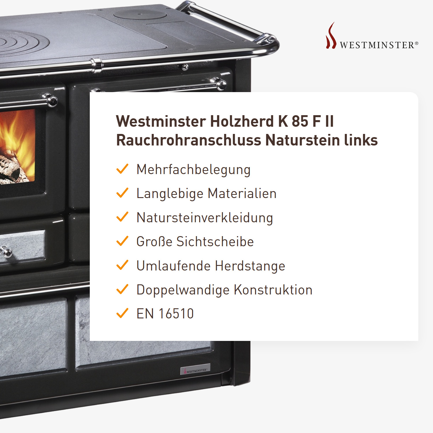 Westminster Holzherd K 85 F II Rauchrohranschluss Naturstein links