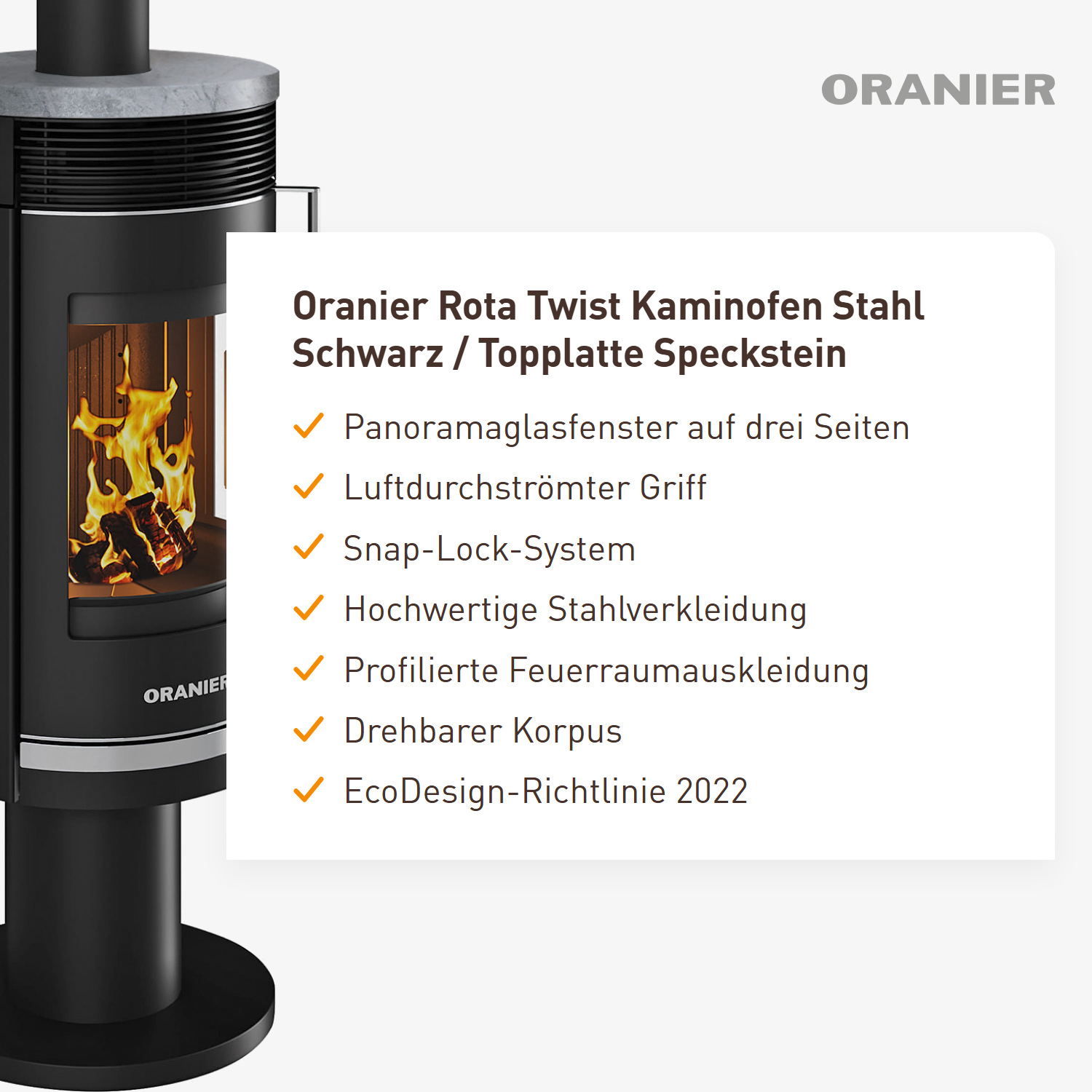 Oranier Rota Twist Kaminofen Stahl Schwarz / Topplatte Speckstein